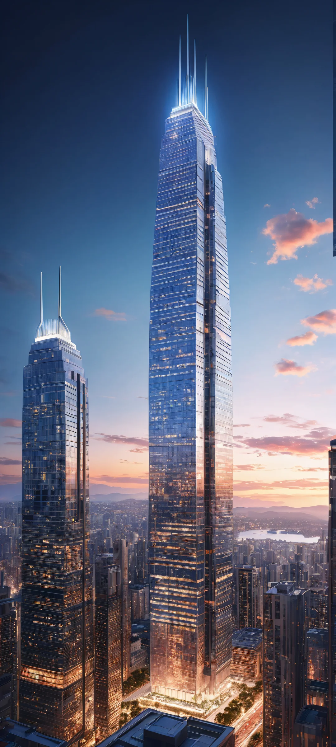 A futuristic skyscraper on a pristine urban backdrop, perfectly optimized for iPhone/Android home screens.