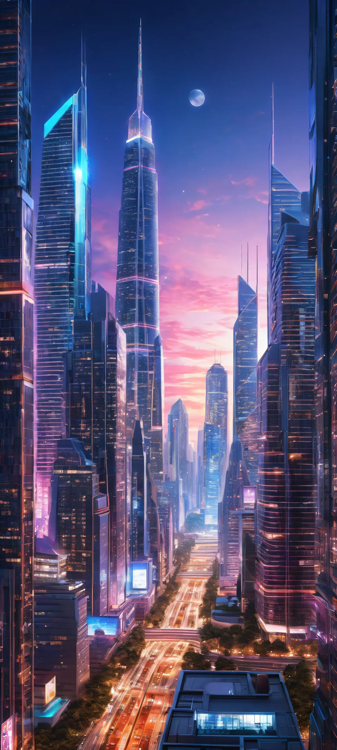 A majestic futuristic cityscape on iPhone/Android, featuring micro-details and depth of field.