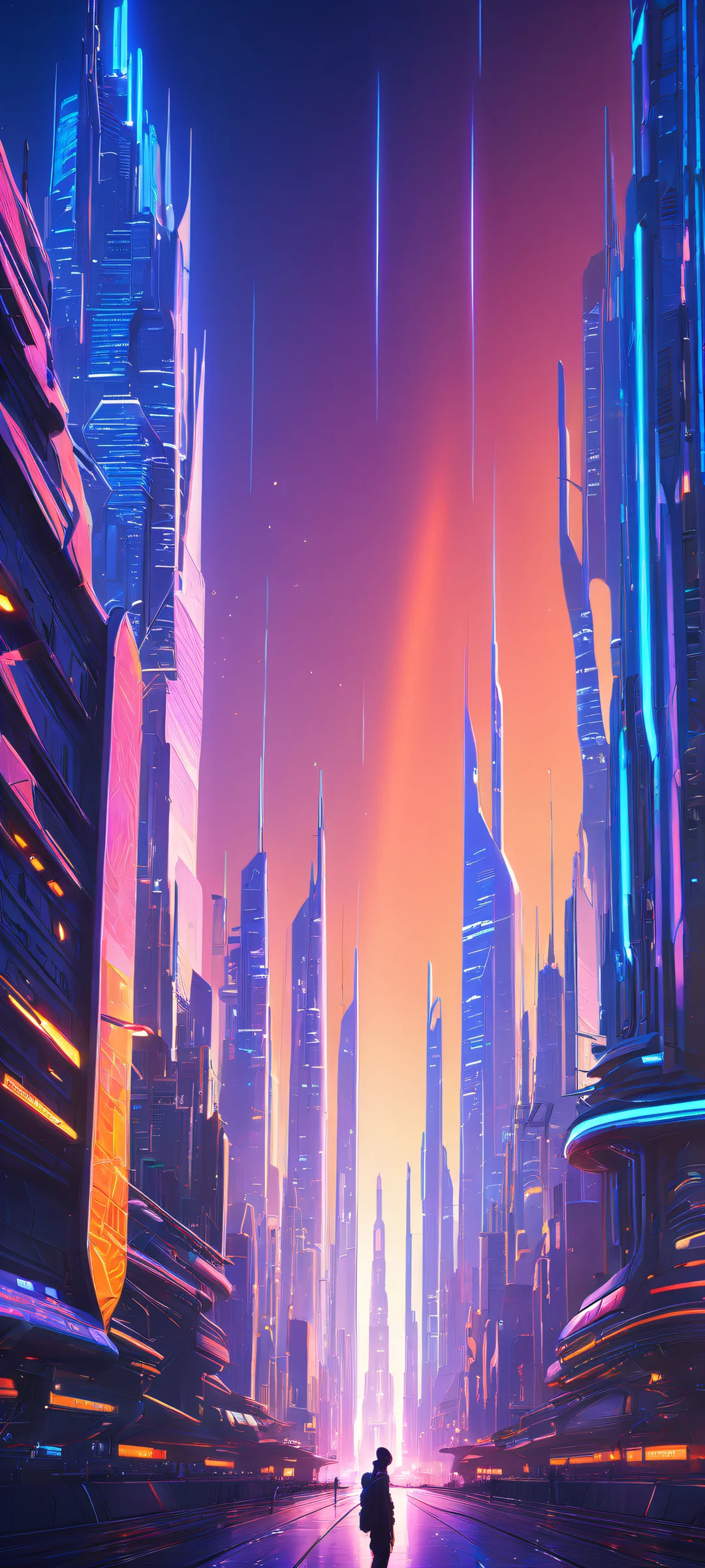 A futuristic cityscape on iPhone/Android with micro-details and neon lights.