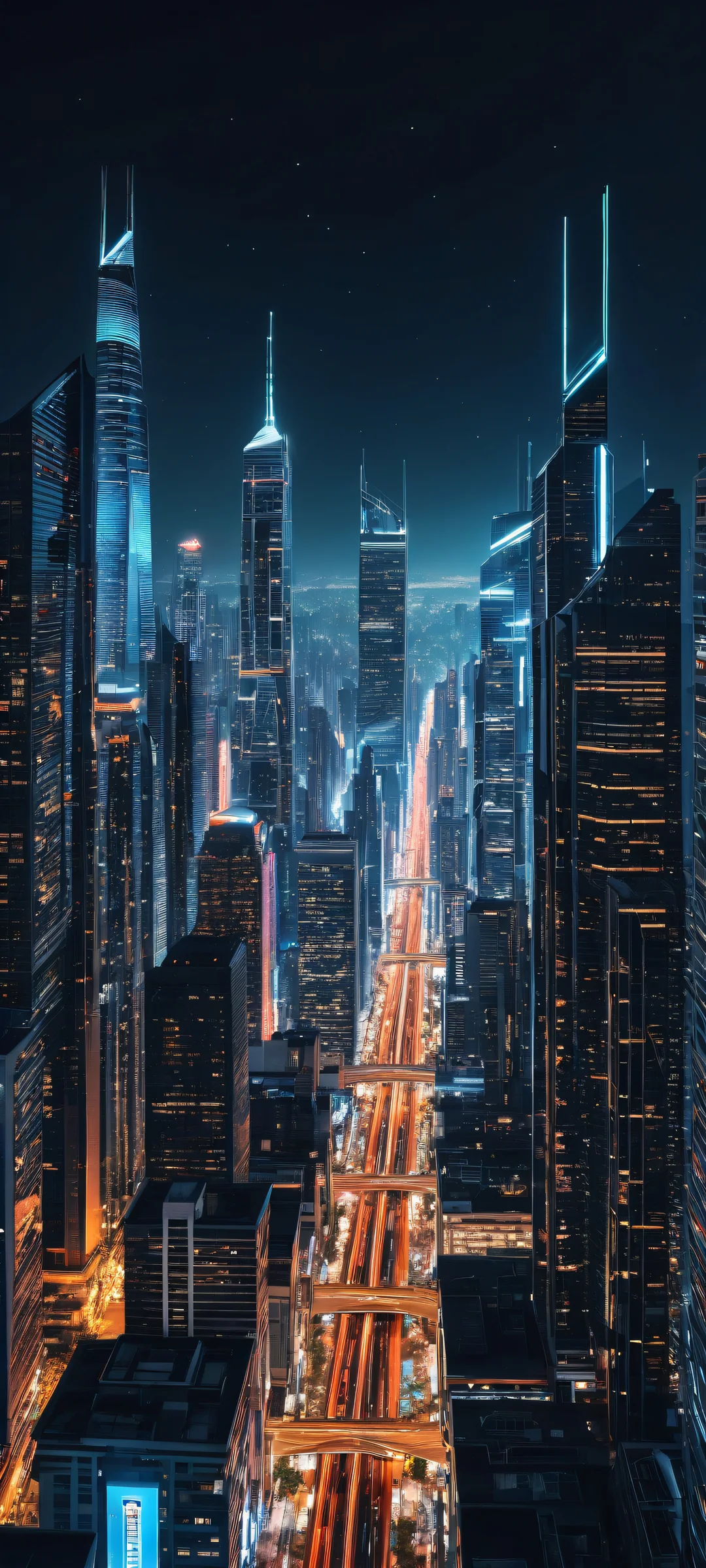A futuristic cityscape on iPhone/Android with vibrant neon lights and towering skyscrapers.