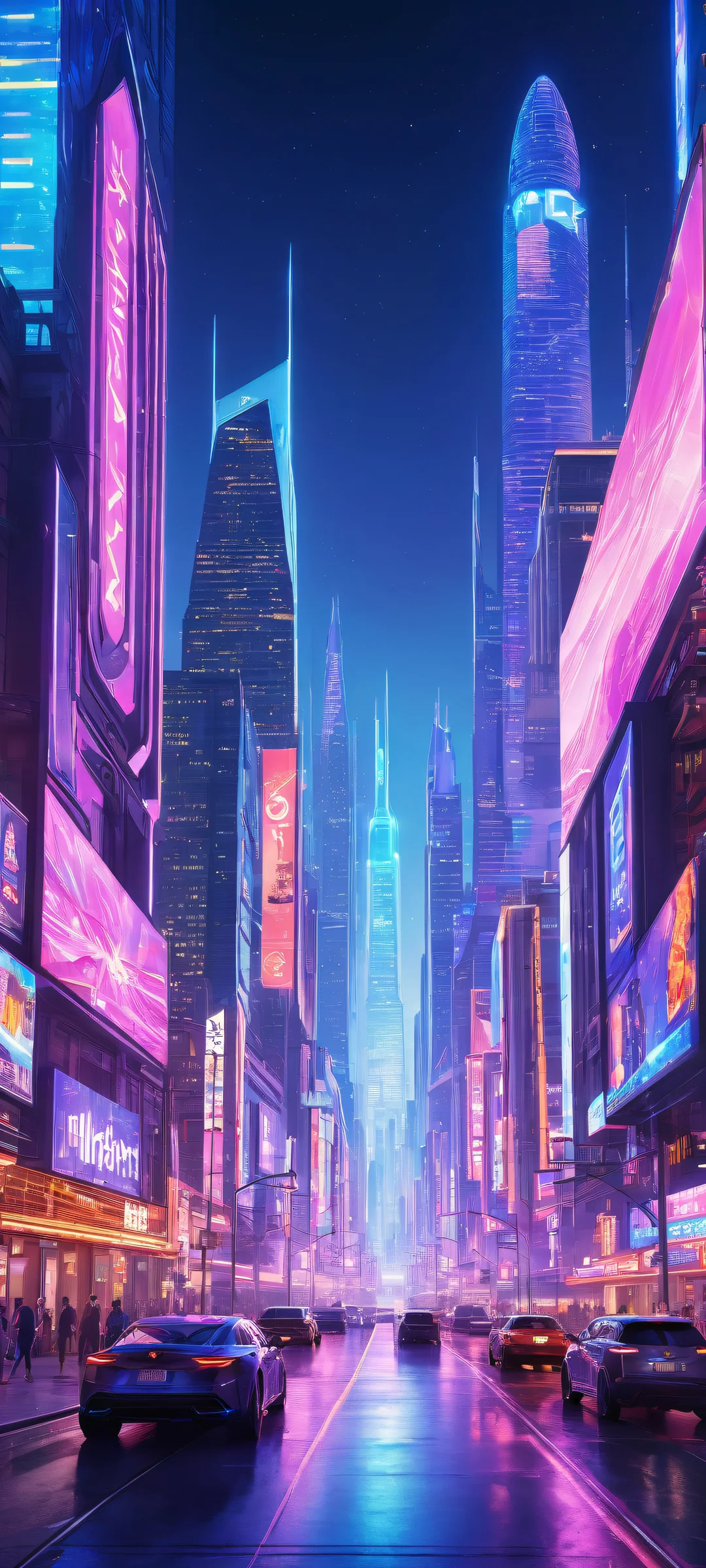 CGI characters in a futuristic cityscape with vibrant neon lights and holographic advertisements. Perfect for iPhone/Android home screens.