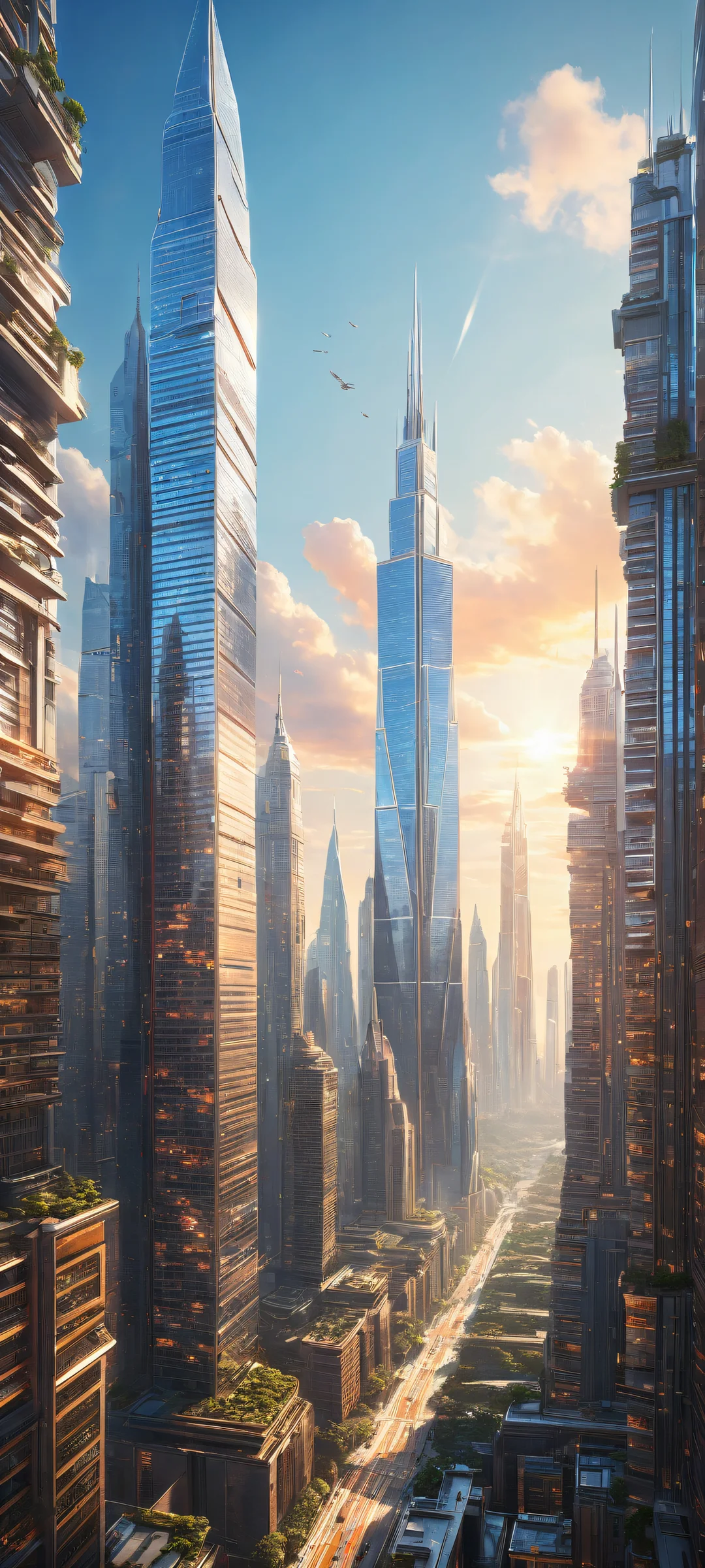 A futuristic cityscape on a iPhone or Android device, mit aufwendigen Details und ätherischer Beleuchtung.