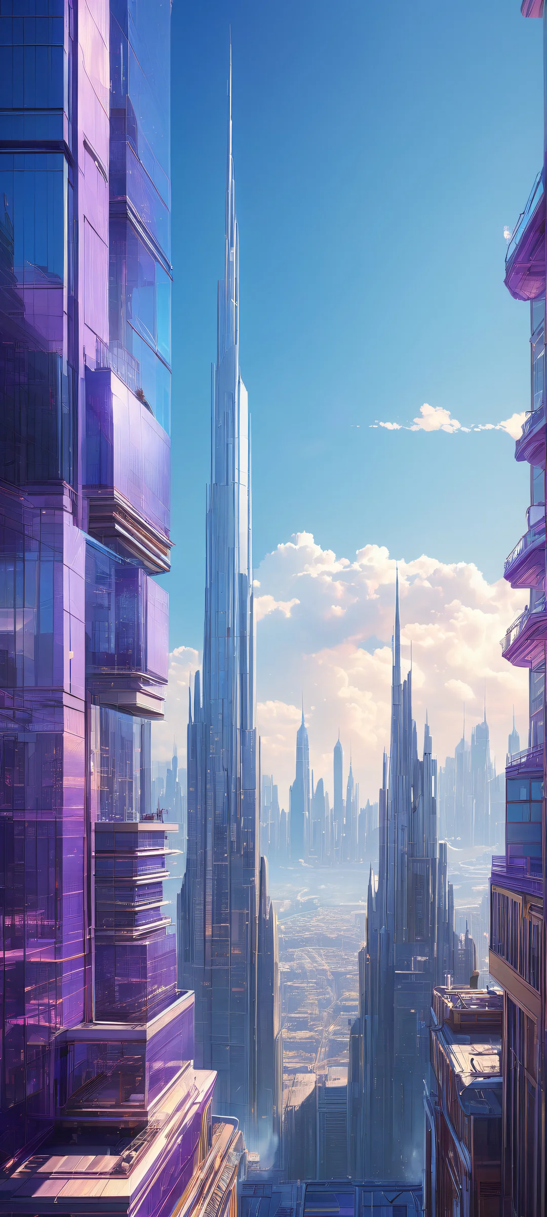 A futuristic cityscape on iPhone/Android with wispy clouds and radiant colors.