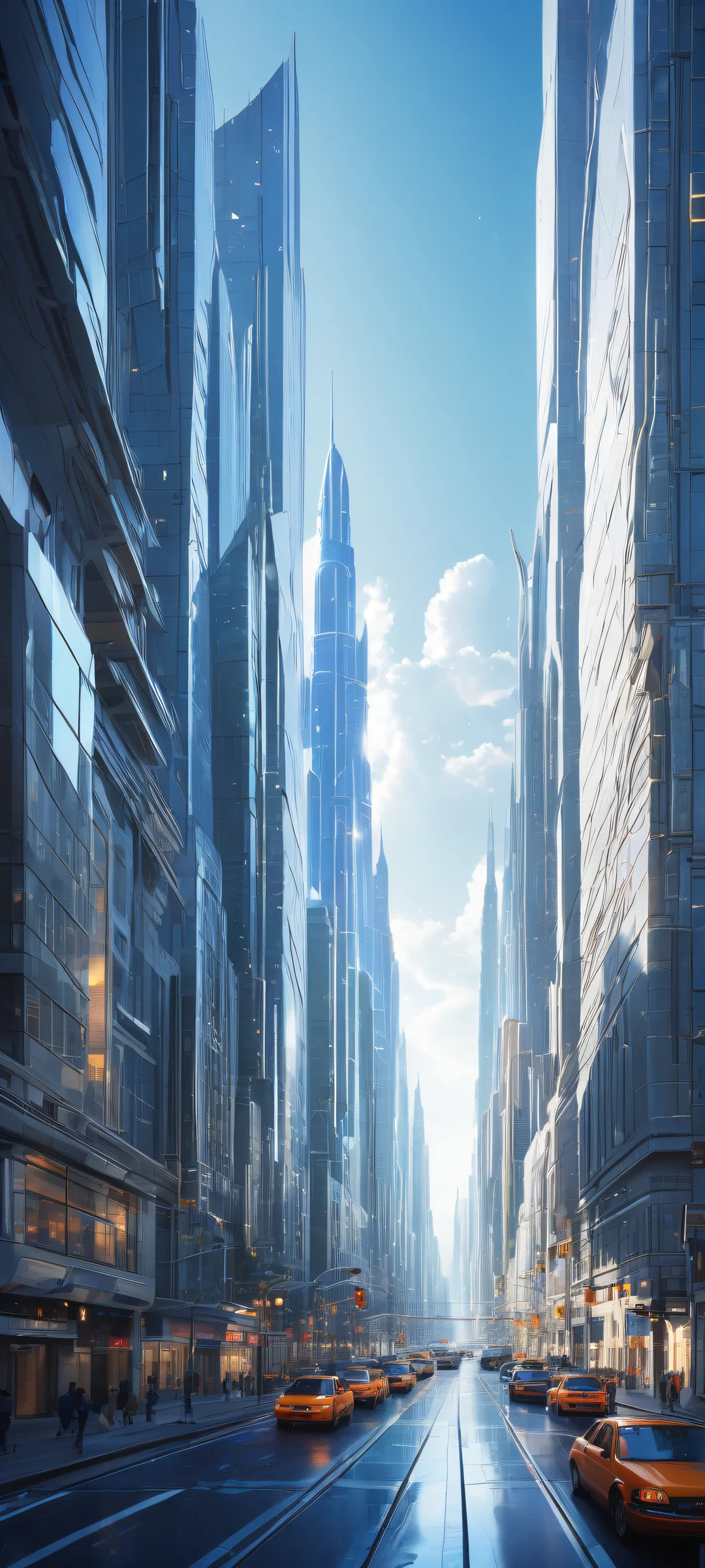 A futuristic cityscape with intricate micro-details on a perfectly clean background, perfekt für iPhone/Android-Startbildschirme.