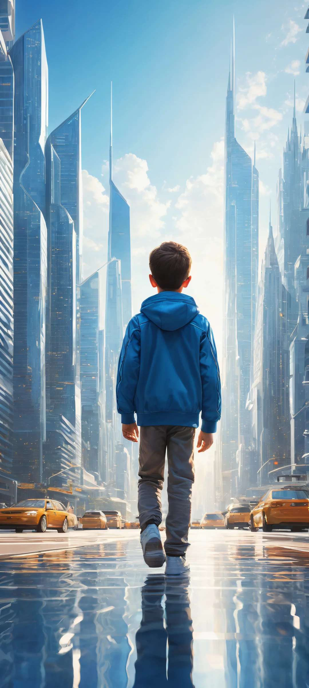 A boy standing in front of futuristic cityscapes and skyscrapers on an iPhone or Android device.