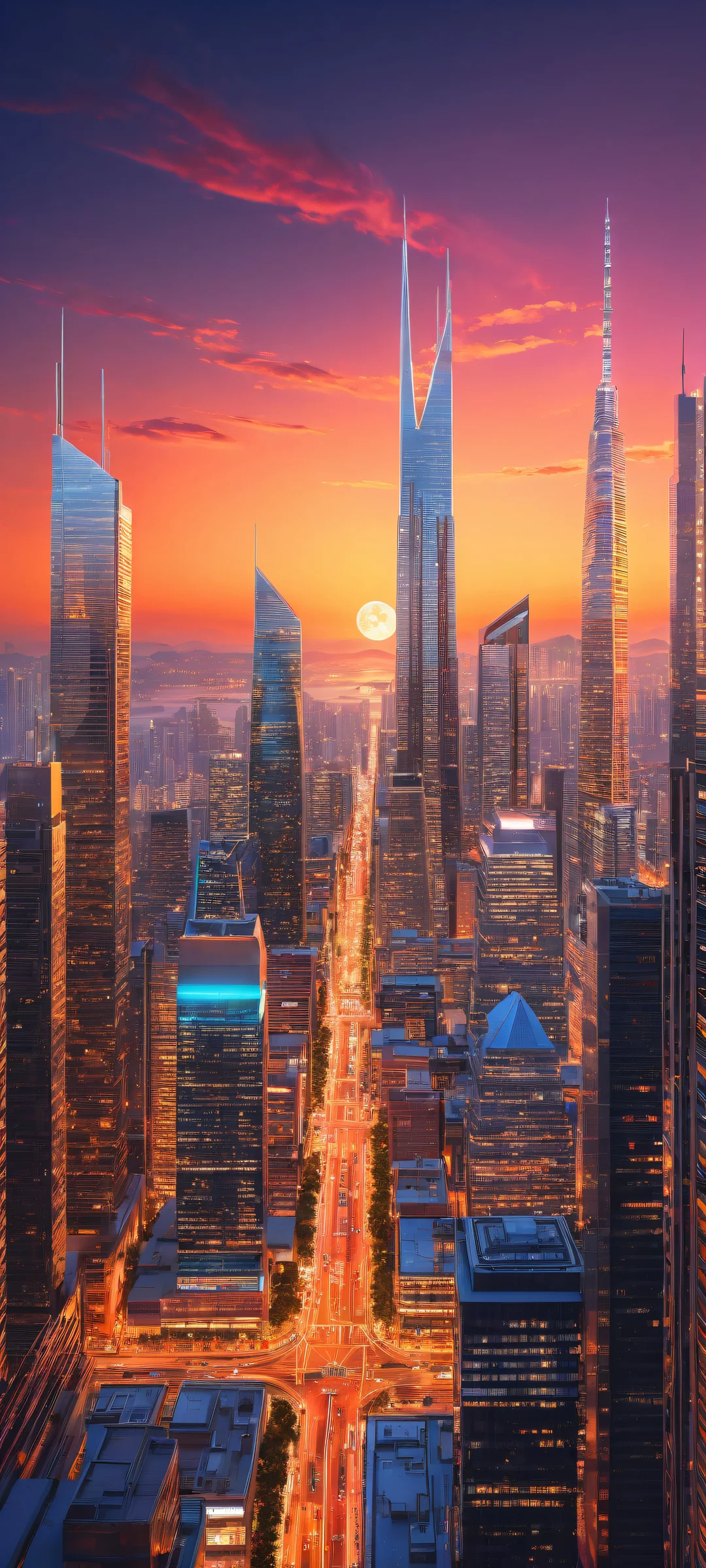 A stunning iPhone/Android wallpaper featuring a breathtaking vertical portrait of Digital Cityscape at dusk, with intricate micro-details and radiant colors.