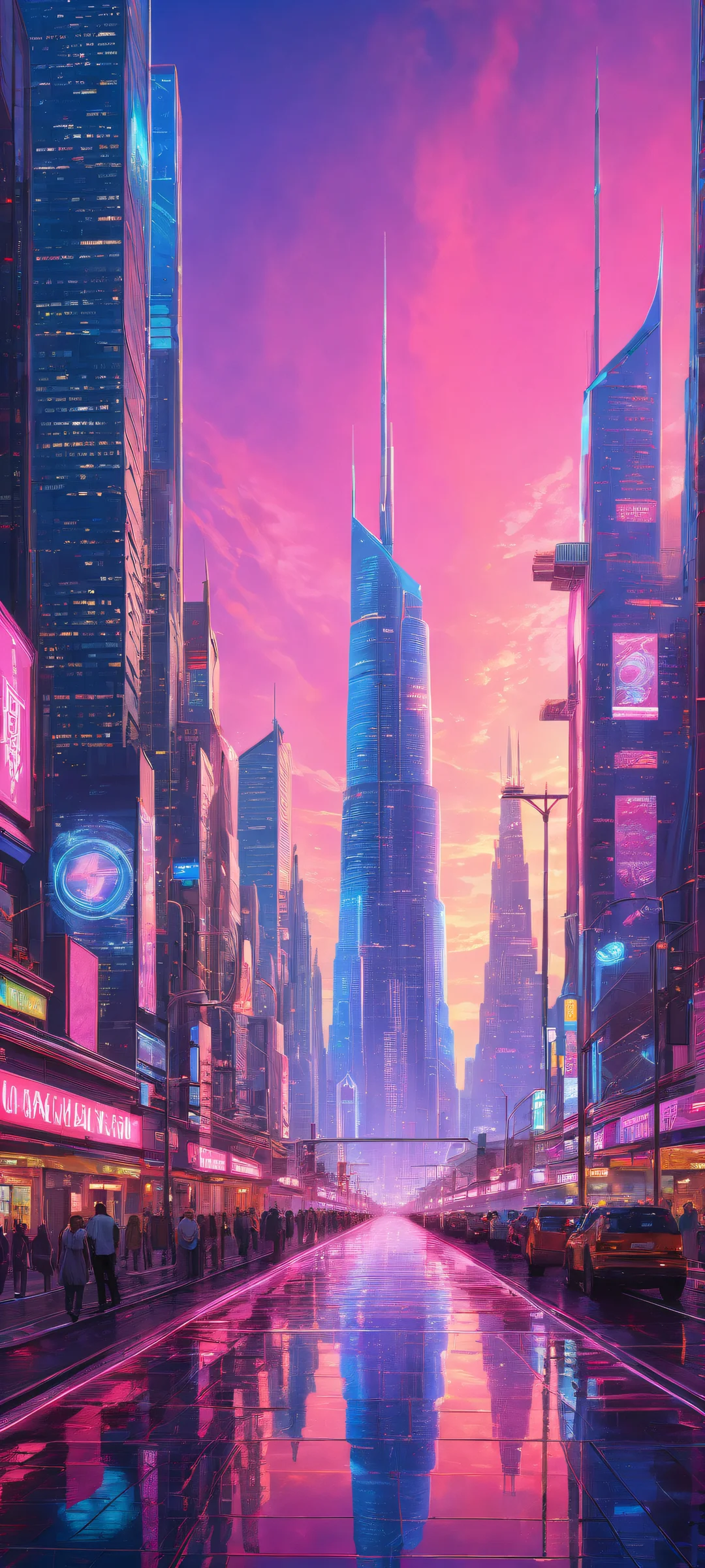 iPhone/Android compatible wallpaper featuring a breathtaking portrait of a futuristic cityscape with neon-lit billboards and towering skyscrapers, perfekt optimiert für mobile Home-Bildschirme.