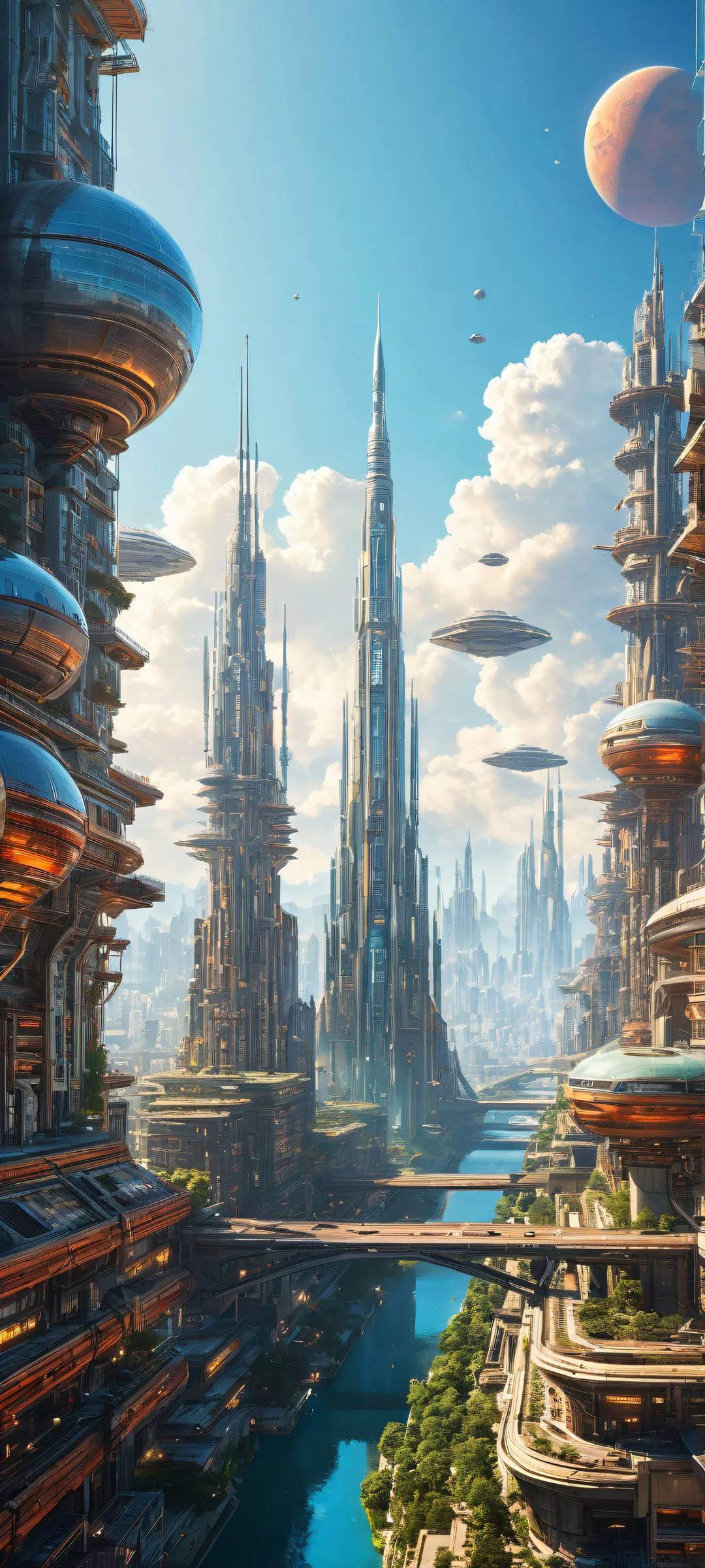 A futuristic cityscape with a spaceship on iPhone/Android