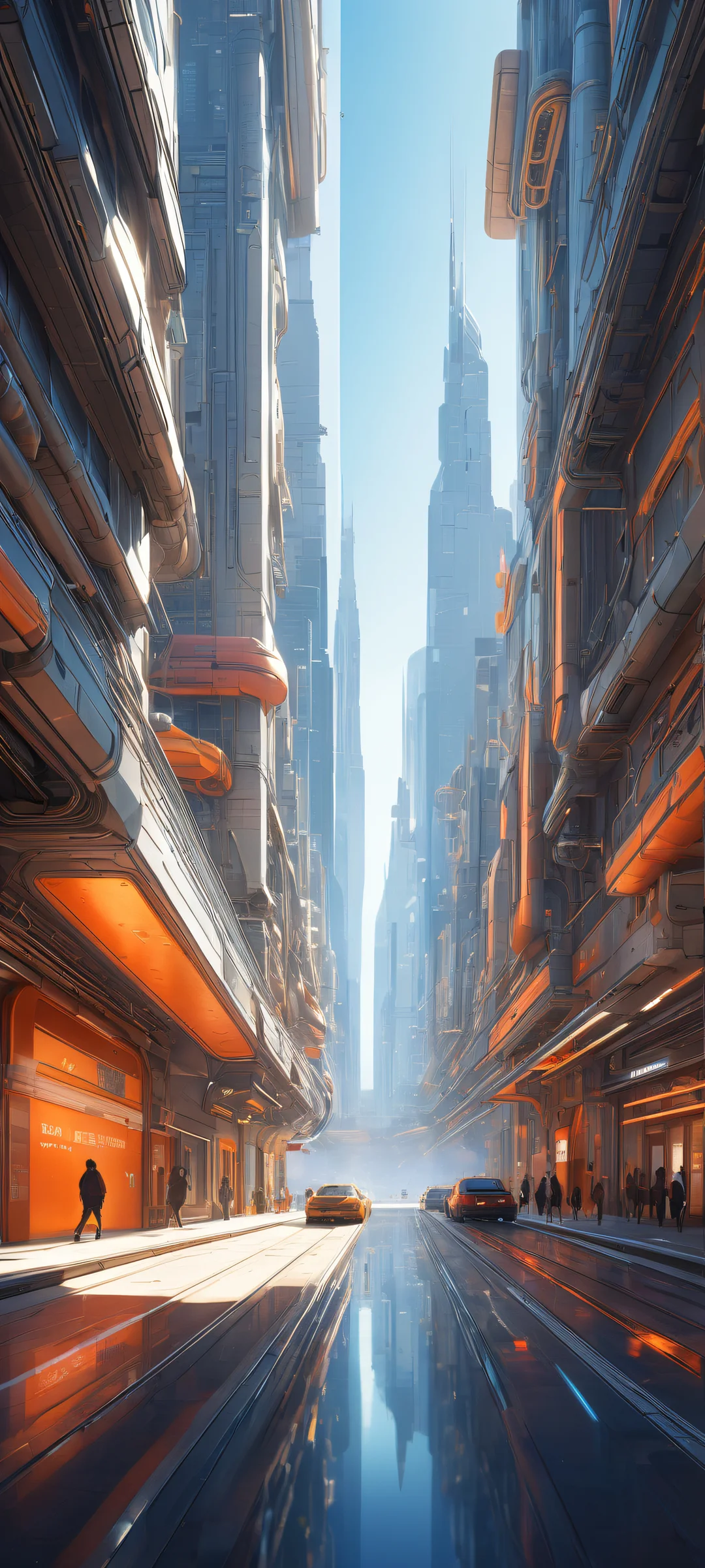 A futuristic cityscape with intricate details on a clean background for iPhone and Android.