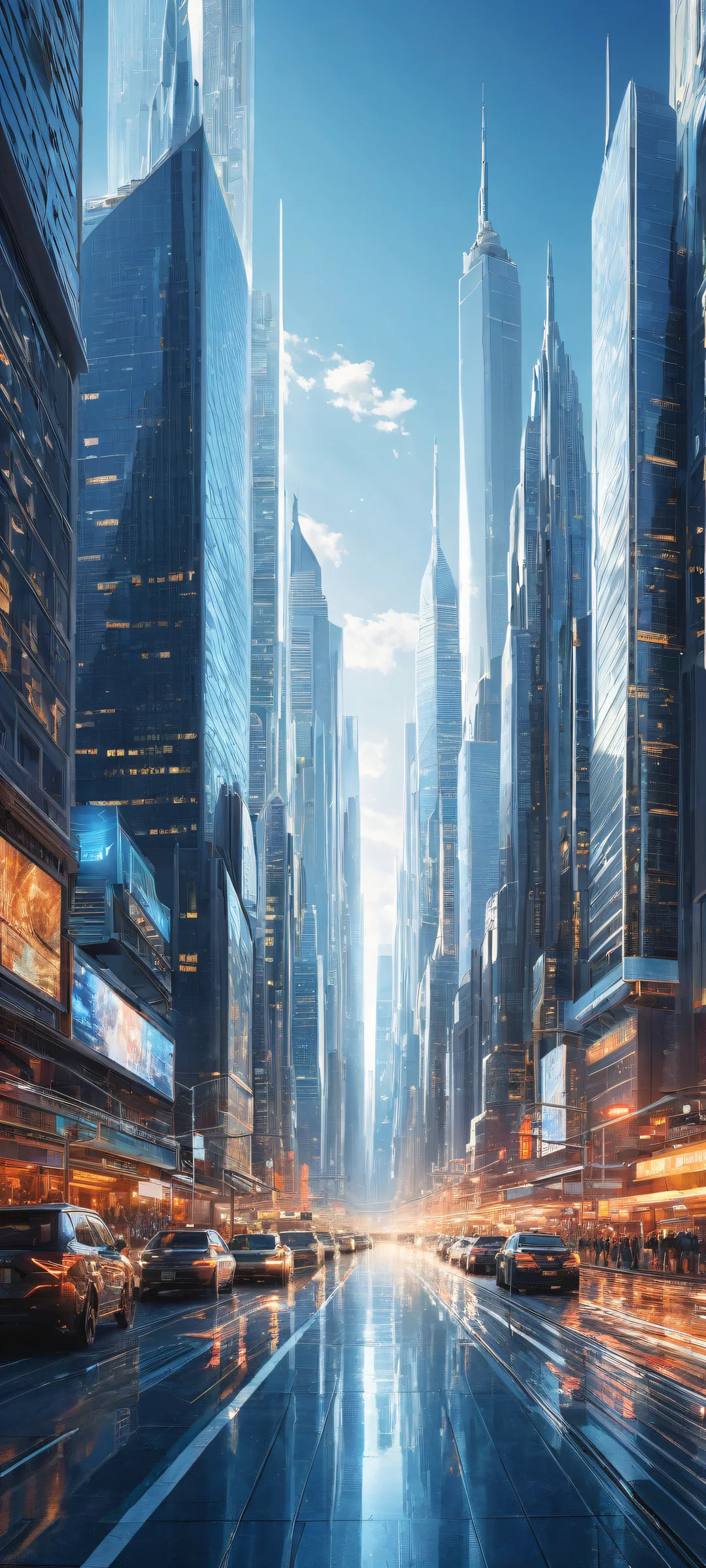 A futuristic cityscape on iPhone/Android, featuring sleek skyscrapers and busy streets against a pure void background, showcasing award-winning digital art.