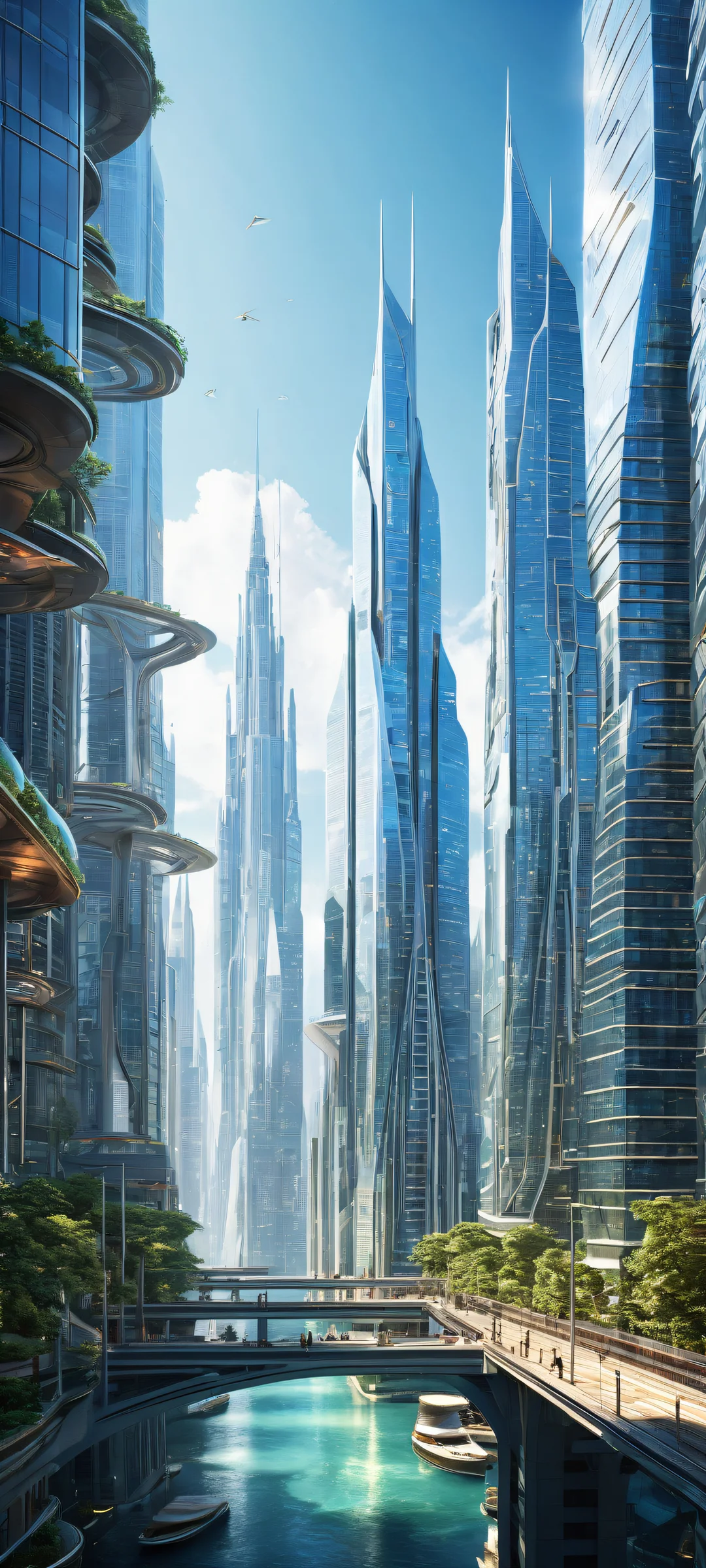 A futuristic cityscape on iPhone/Android with intricate details and ethereal lighting.