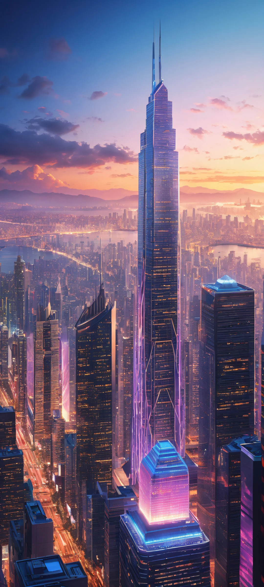 A futuristic cityscape on iPhone/Android, perfect for home screen integration with iOS widgets.