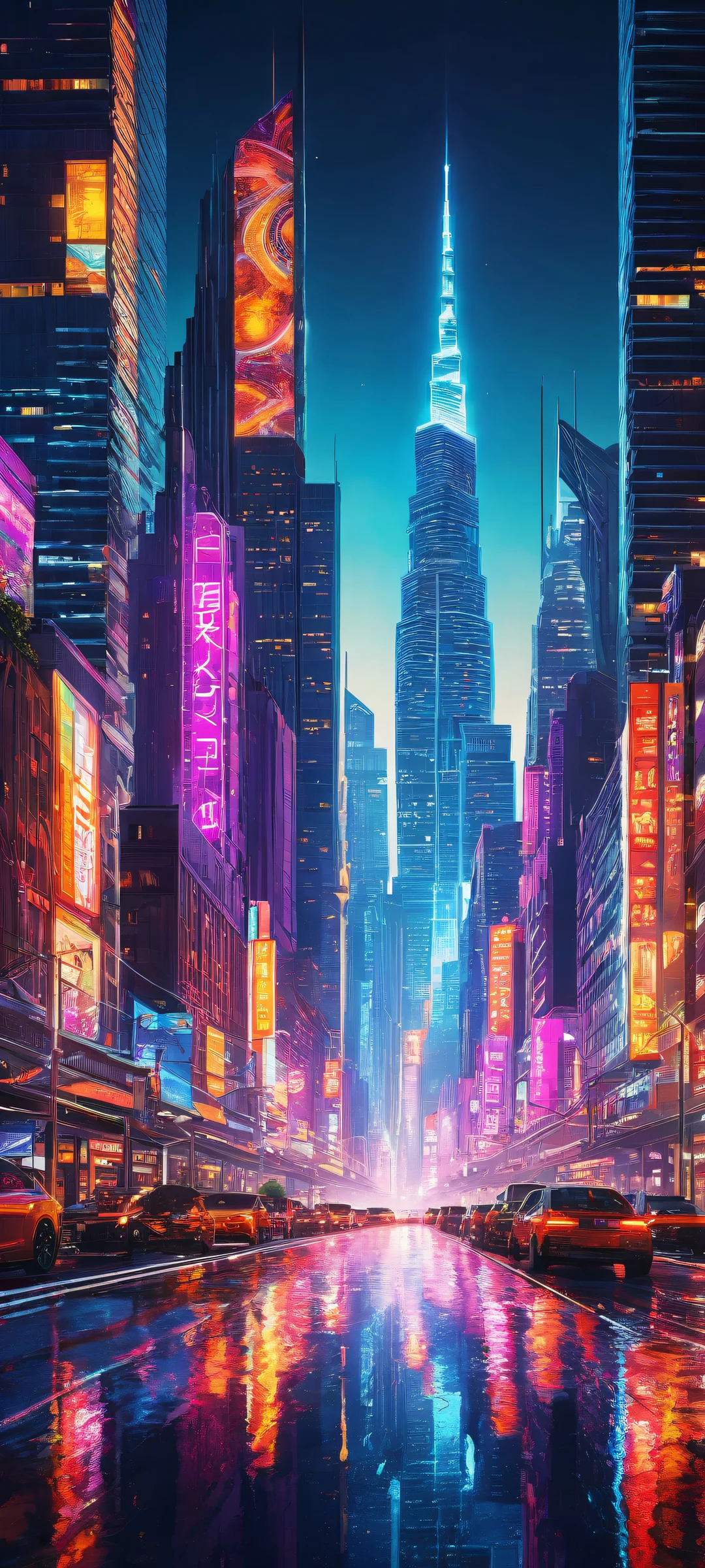iPhone and Android compatible mobile wallpaper featuring a stunning futuristic cityscape with vibrant neon lights and intricate details, perfectly optimized for home screens.