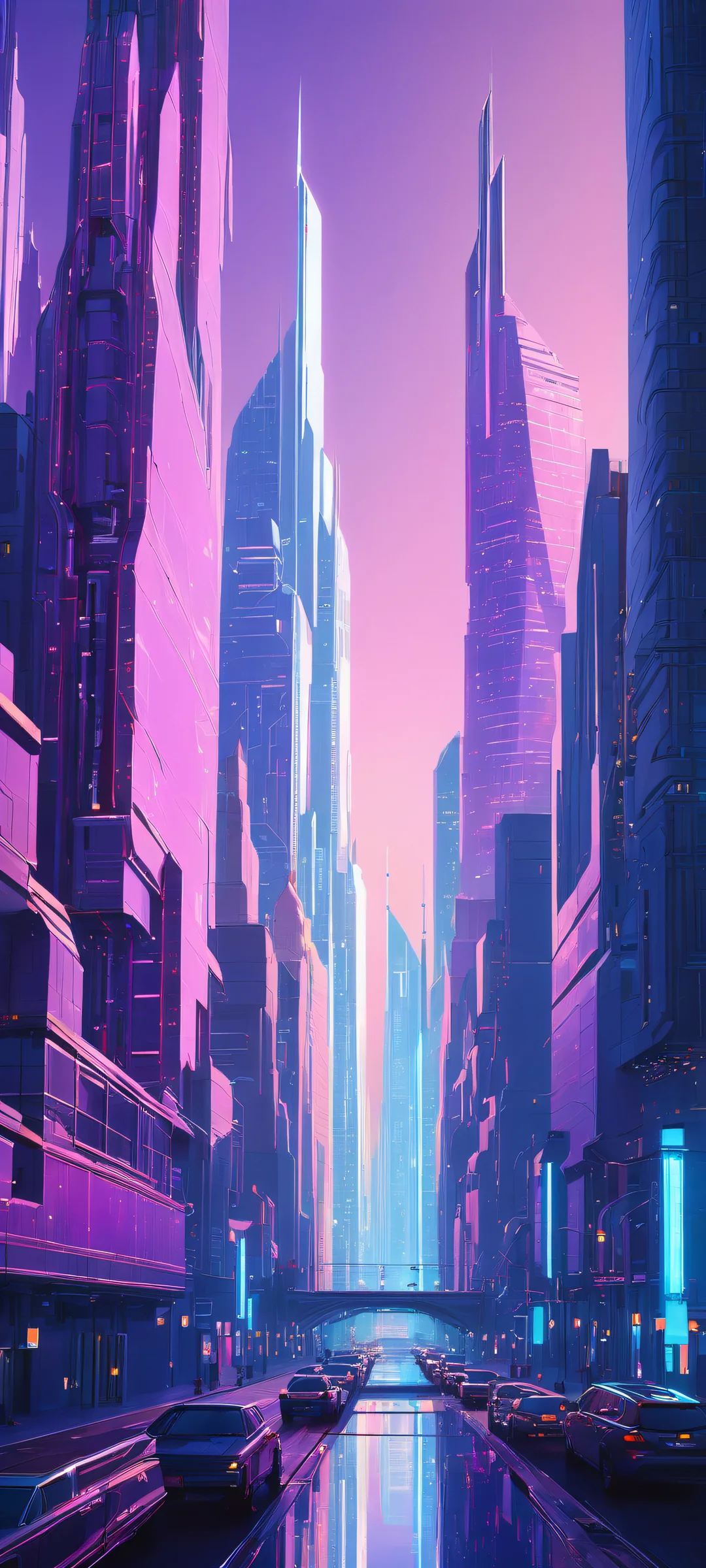 iPhone and Android users, behold the stunning futuristic cityscape artwork with intricate micro-details, radiant colors, and ray traced reflections. Perfect for home screens!