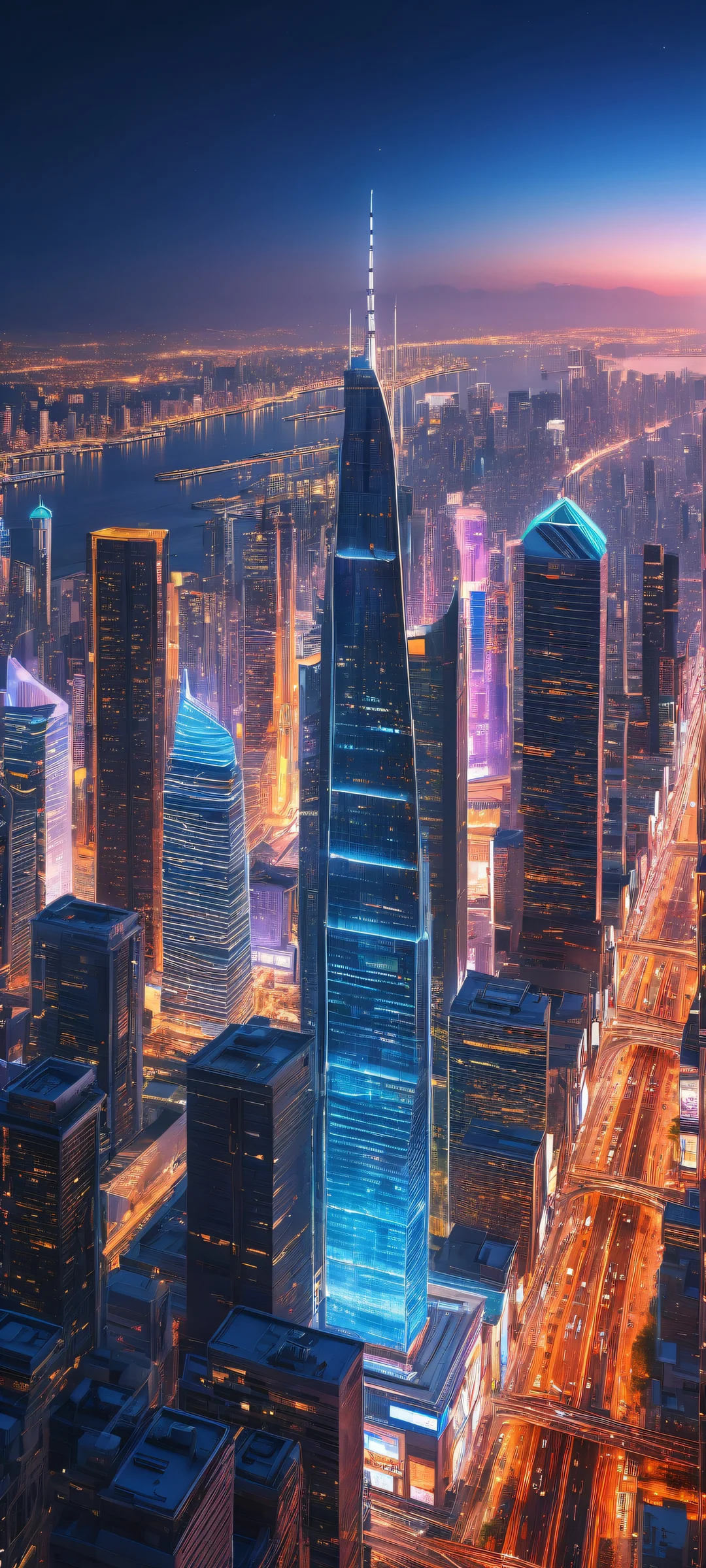A futuristic cityscape with neon-lit billboards and skyscrapers on an iPhone or Android device, showcasing radiant lighting and stunning visual impact.