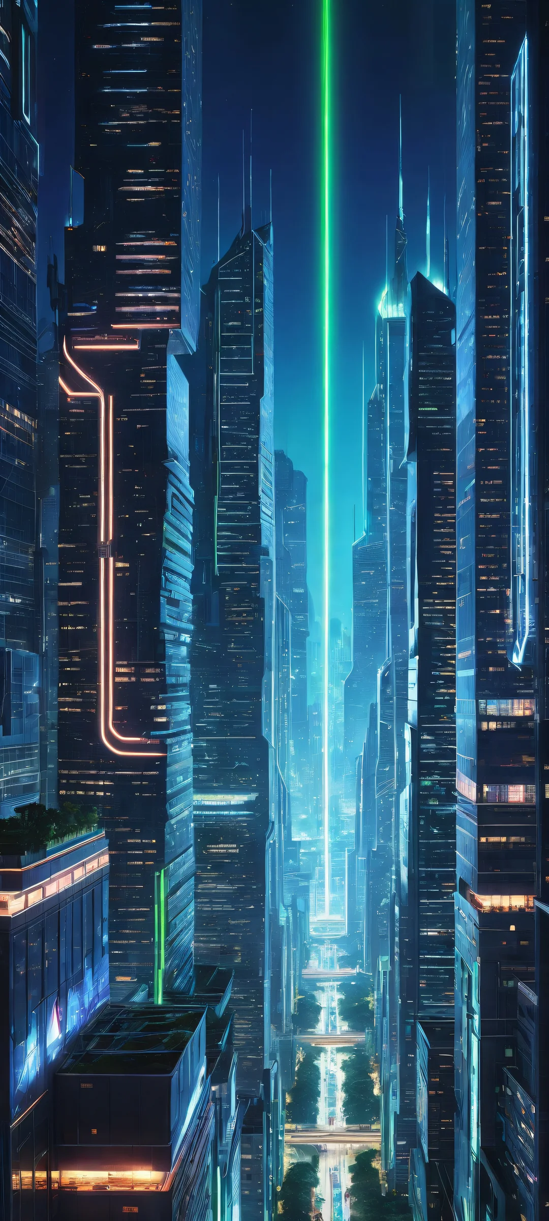 iPhone/Android stunning digital art of a futuristic cityscape with glowing neon lines and circuitry patterns, perfect for mobile home screens.