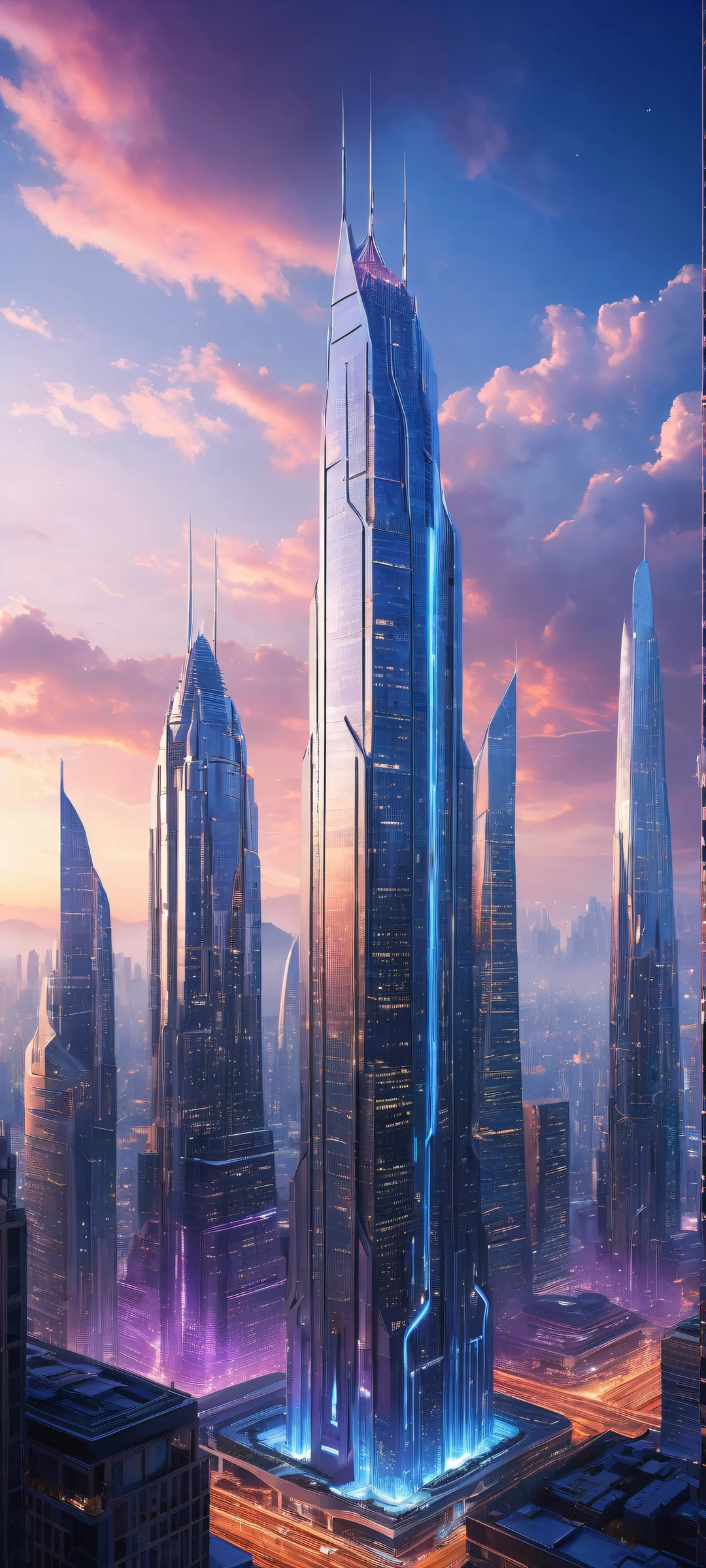 A breathtaking portrait artwork of a futuristic cityscape on an iPhone/Android, with intricate micro-details and ethereal lighting.