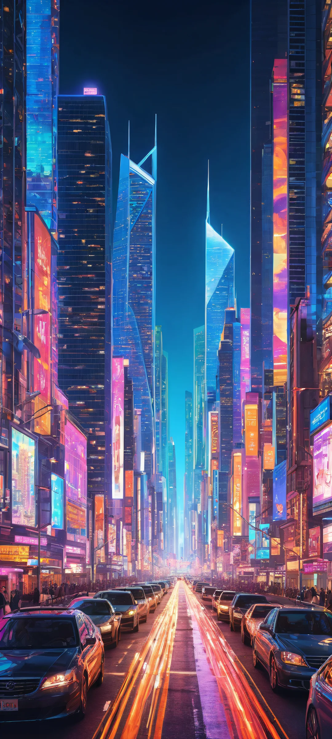 Neon-lit cityscape on iPhone or Android with holographic advertisements, towering skyscrapers, and radiant colors.