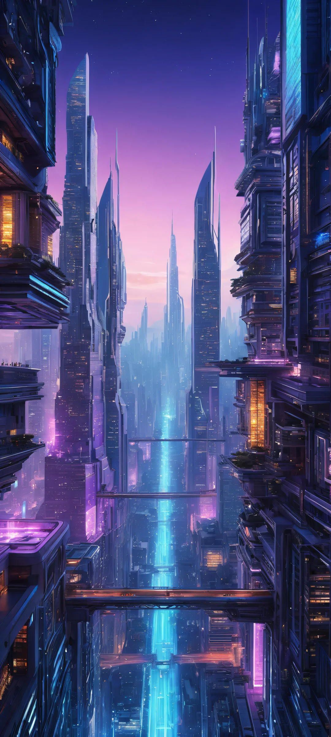 A stunning vertical portrait artwork featuring a futuristic cityscape with intricate micro-details on iPhone/Android devices.