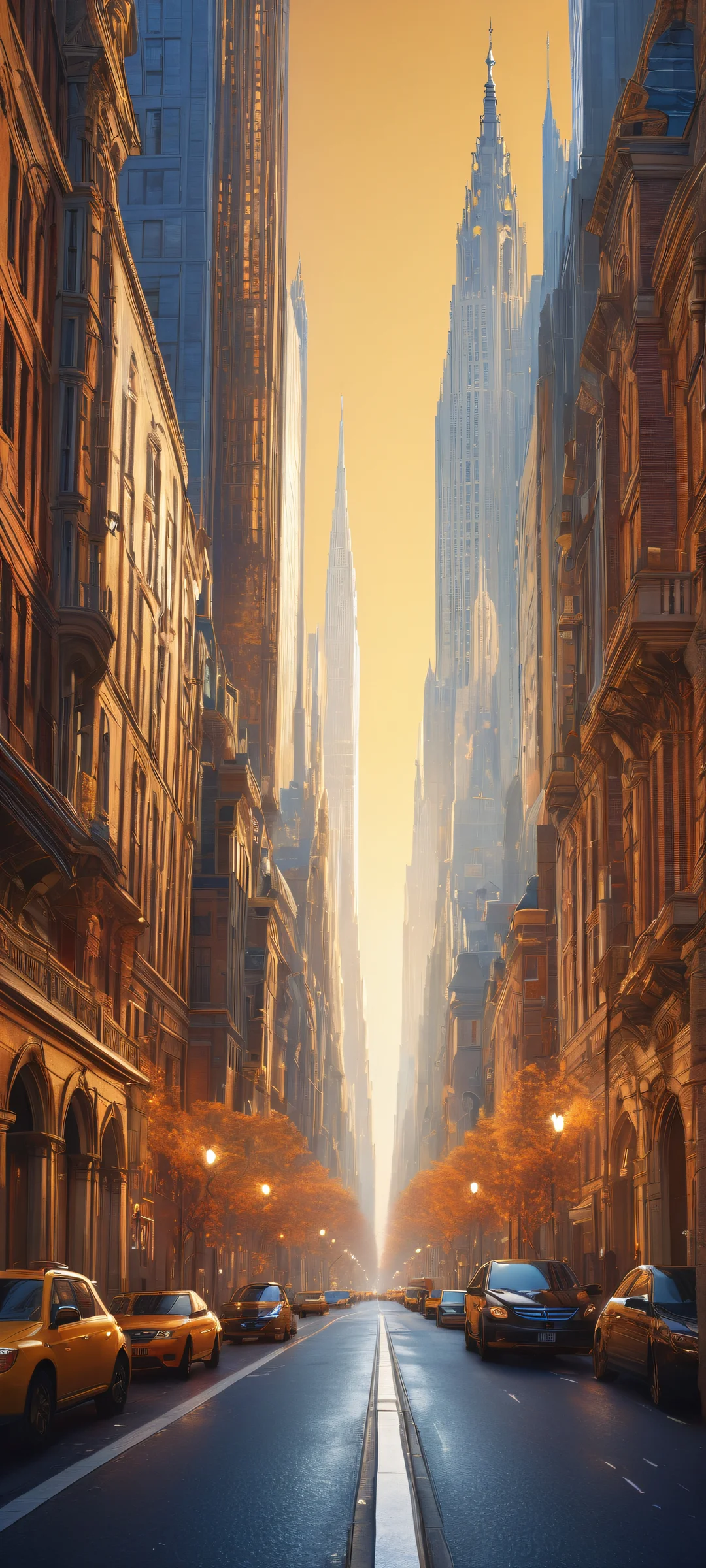 A majestic cityscape on iPhone/Android, with intricate architecture and bustling streets. Perfectly optimized for home screens.