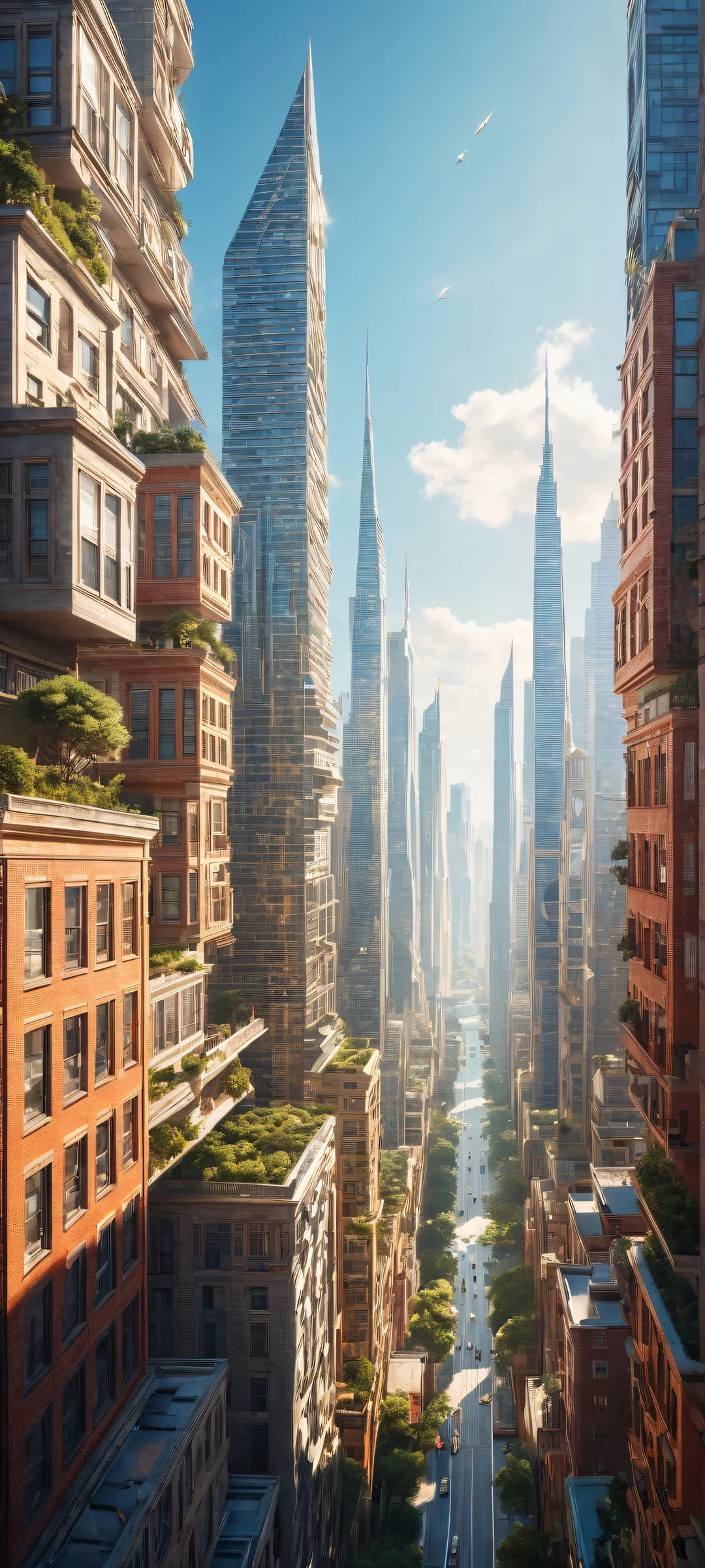 Minimalist cityscape on iPhone/Android, with intricate details and depth of field.