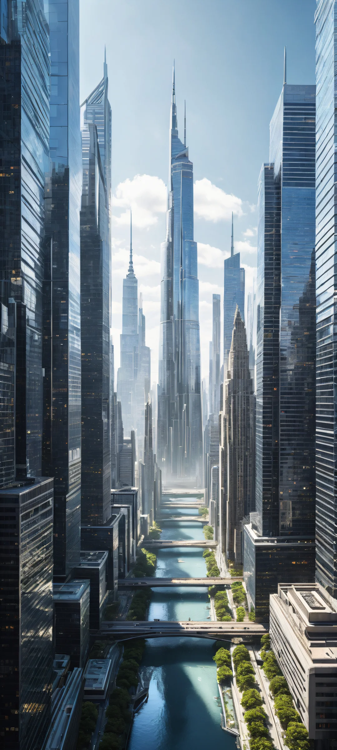 Futuristic cityscape with iPhone/Android perfectly optimized for home screens.