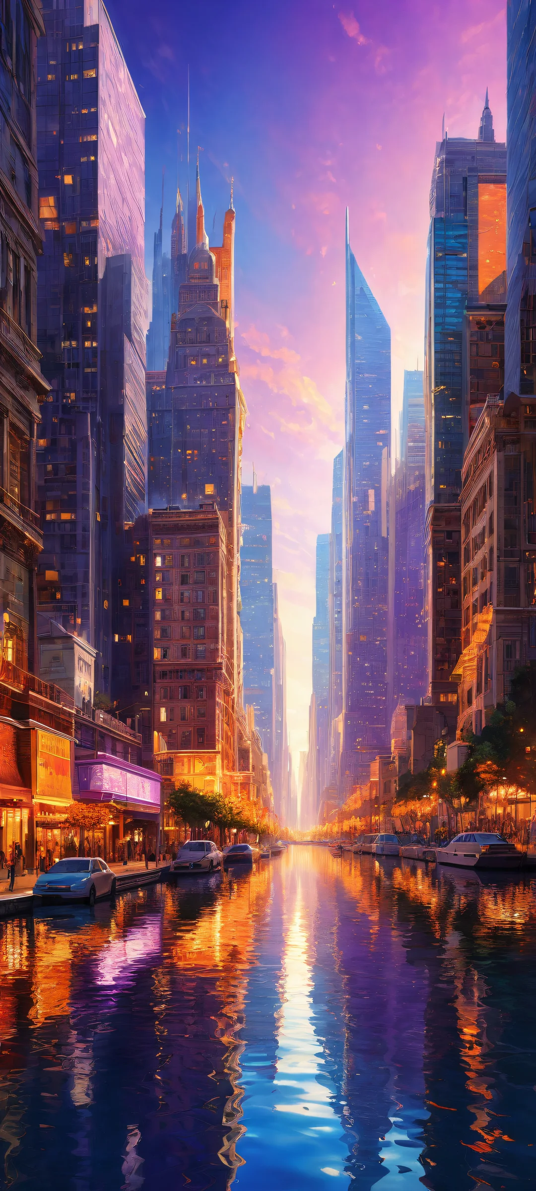 Surreal cityscape artwork featuring intricate details on iPhone/Android devices.