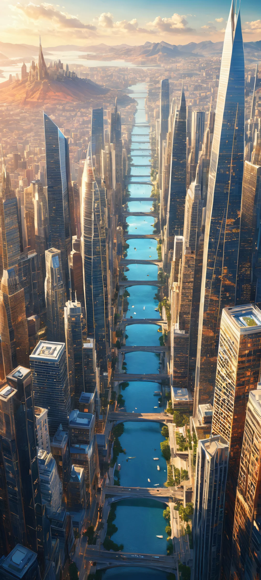 Mesmerizing cityscape on a clean background for iPhone/Android with intricate micro-details and award-winning digital art.