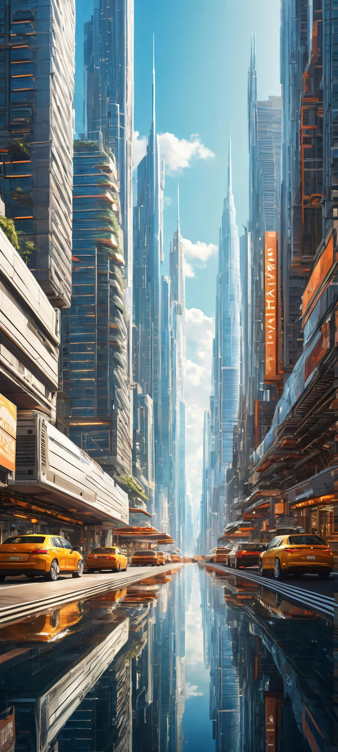 A futuristic cityscape with a perfectly clean top half and bustling metropolis below. Suitable for iPhone/Android home screens.