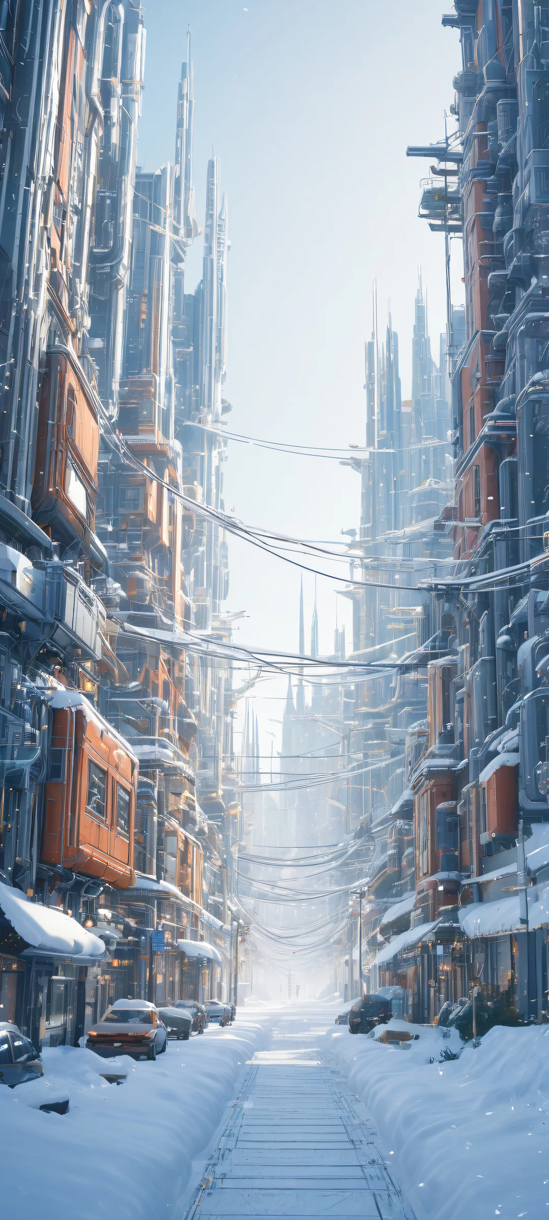 A stunning futuristic cityscape on iPhone or Android, perfectly clean and empty top half for seamless widget integration, serene snow-covered landscape with gently falling snowflakes at the bottom.
