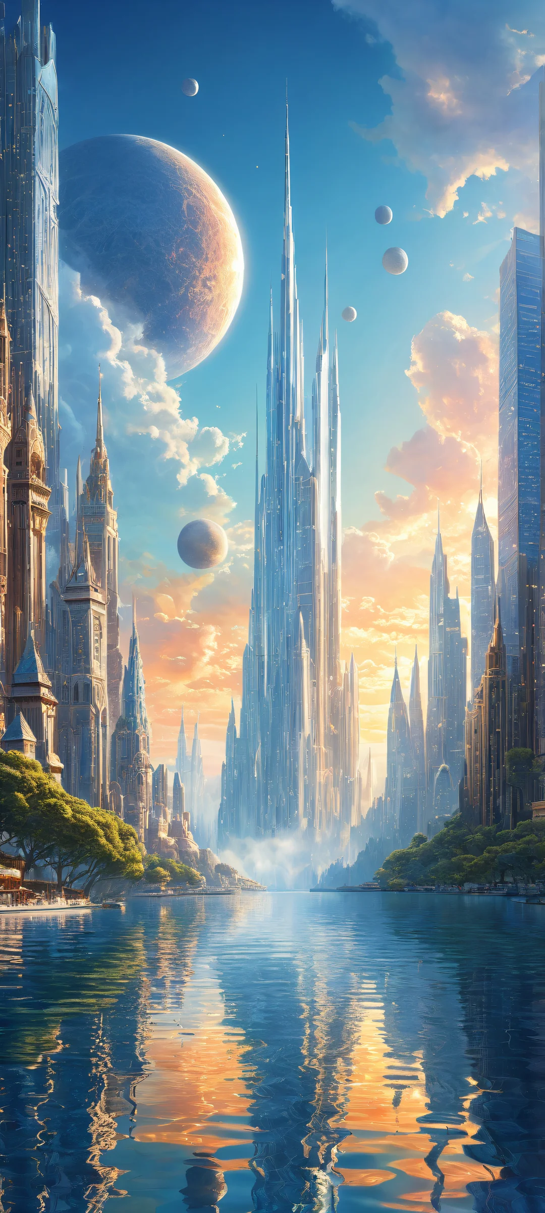 Mystical cityscape on iPhone/Android with glowing orbs and filigree details.