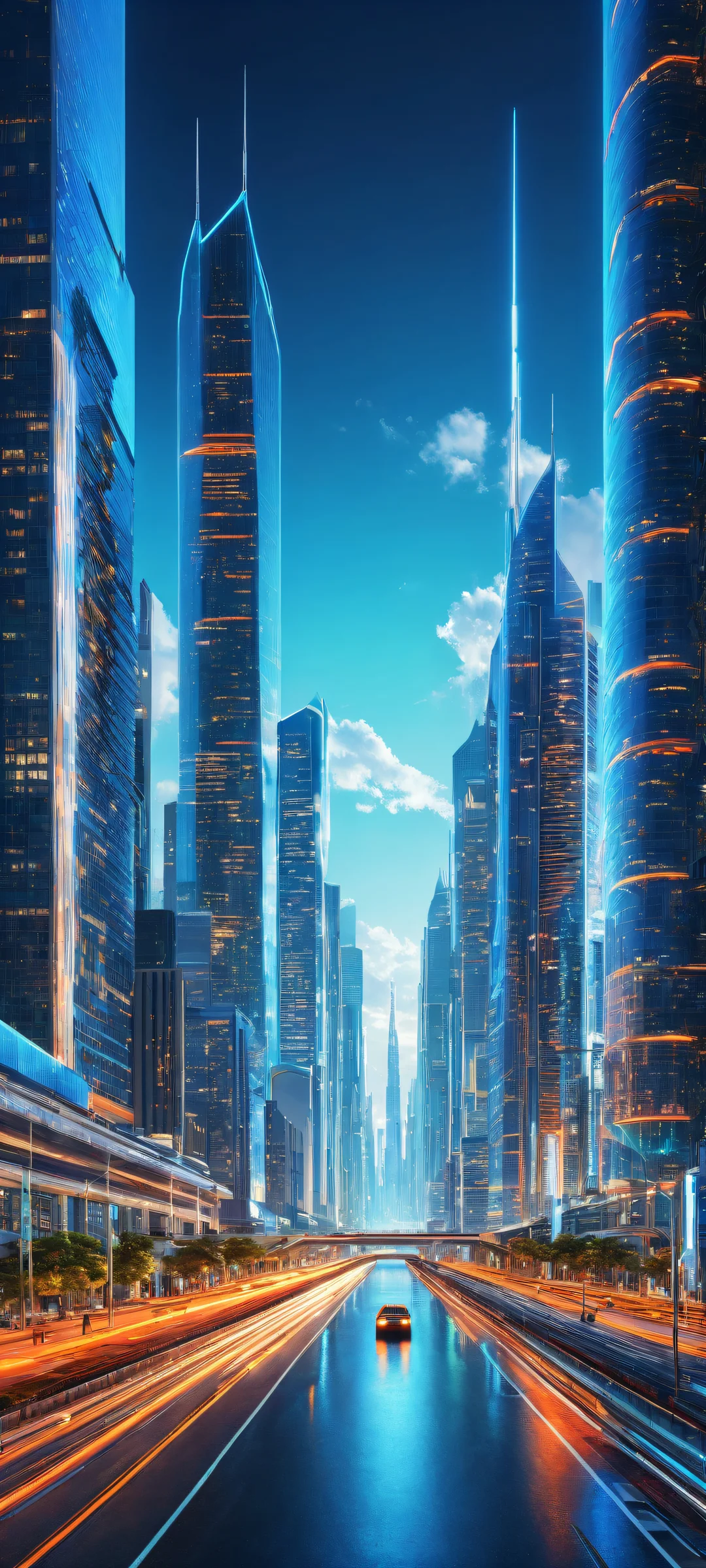 iPhone/Android users will love this breathtaking vertical portrait artwork of a futuristic cityscape with intricate micro-details, radiant colors, and ray-traced reflections.