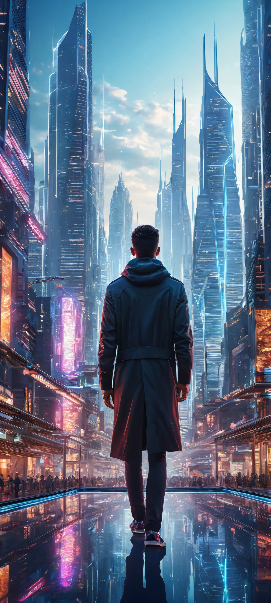 Hyper-realistic digital art of a futuristic cityscape for iPhone/Android