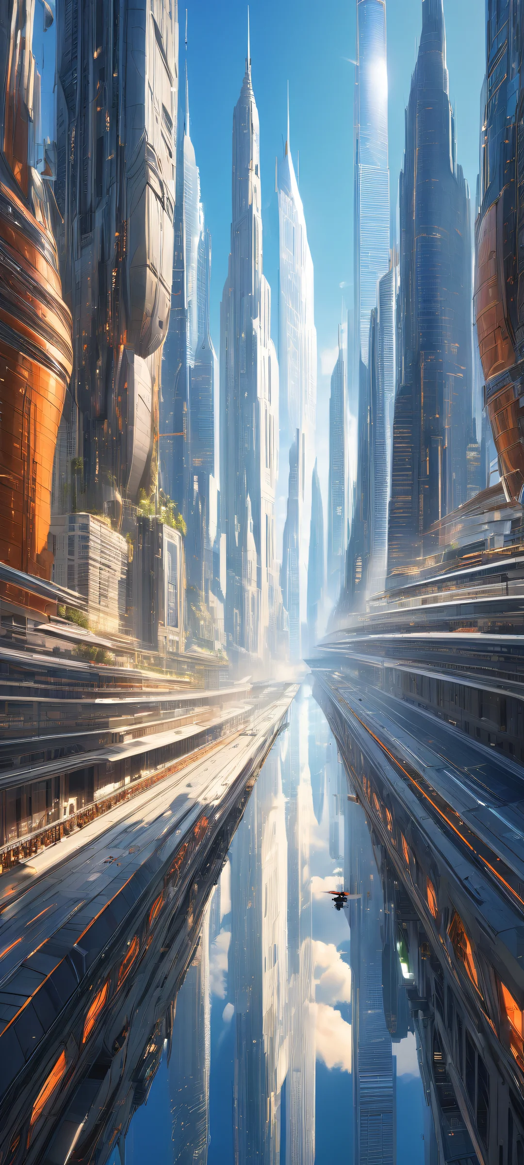 A breathtaking iPhone/Android wallpaper featuring a stunning vertical portrait of a futuristic cityscape with intricate micro-details and radiant lighting, perfect for your phone's home screen.