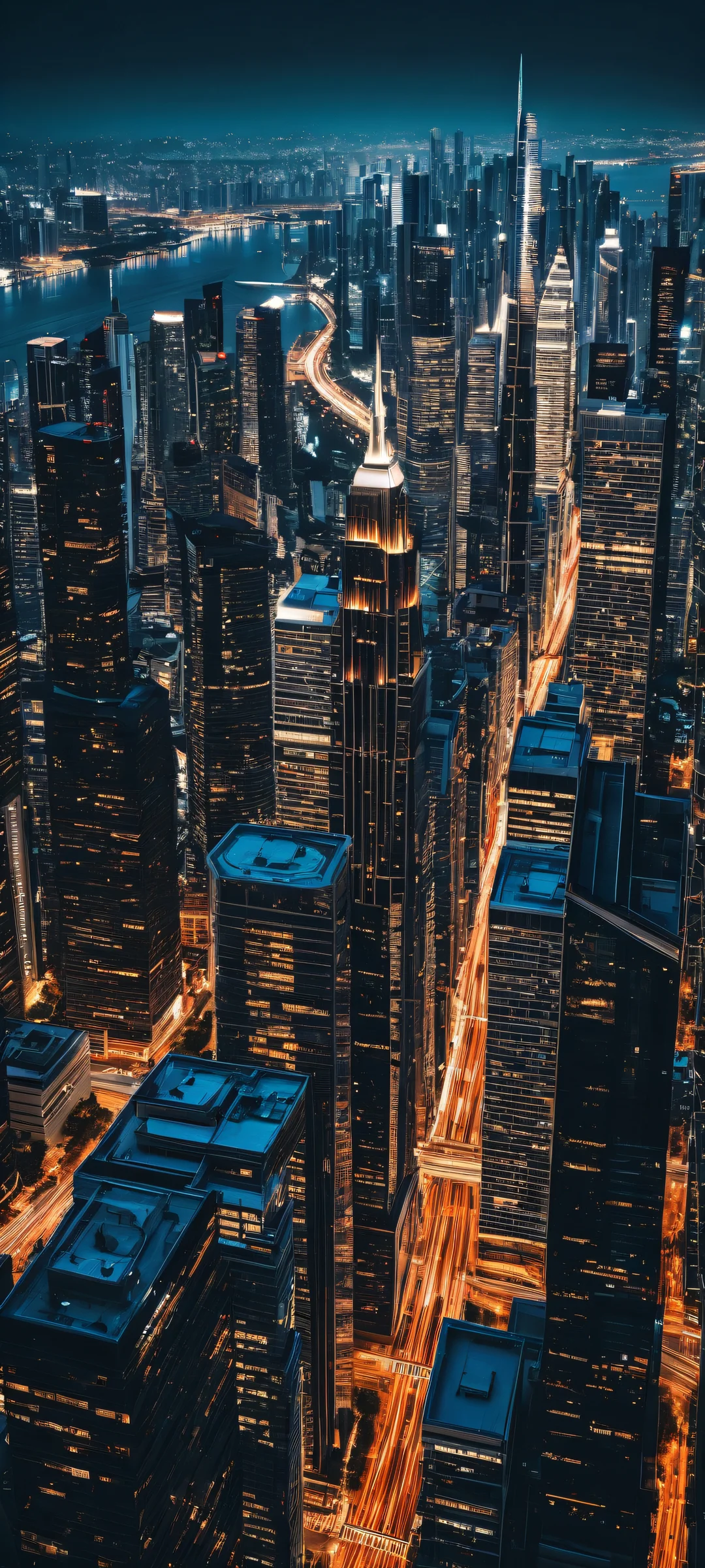 Ethereal Metropolis 2K QHD Mobile Wallpaperperfekt für Home-Bildschirme A futuristic cityscape on iPhone/Android with intricate architecture and towering skyscrapers, perfect for home screens.