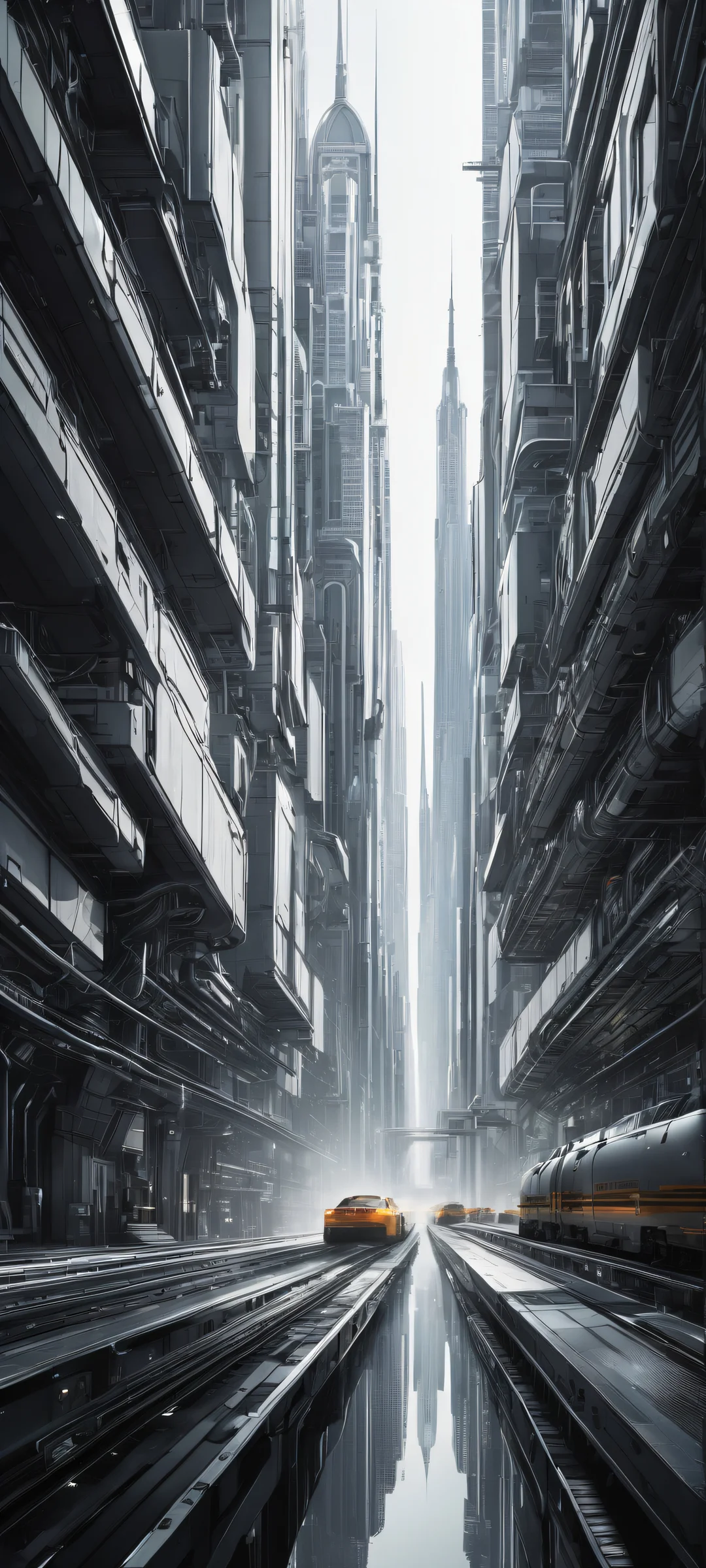 Imposing cityscape with futuristic machinery and serene void on iPhone/Android