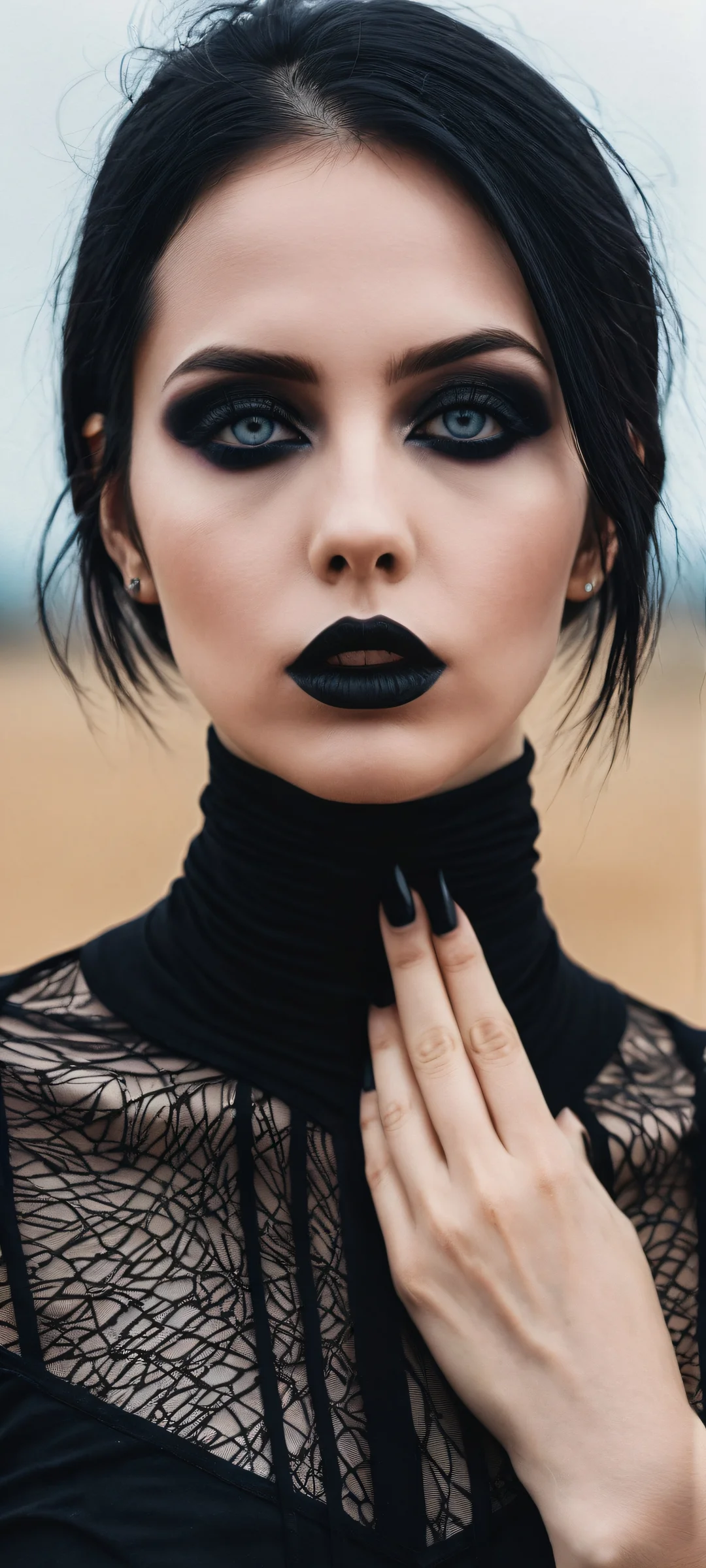 A goth woman with a black censor bar over her eyes poses in front of a vast, empty void and a LA backdrop. Perfect for iPhone/Android home screens.