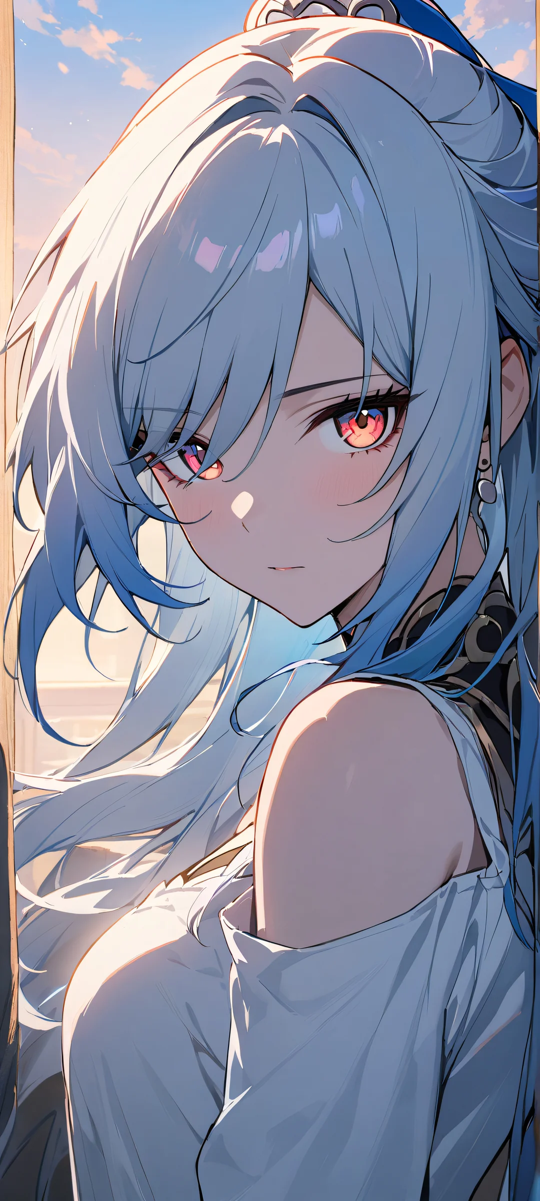 A stunning portrait of Jingliu from Honkai: Star Rail, looking directly at the viewer on an iPhone or Android device.