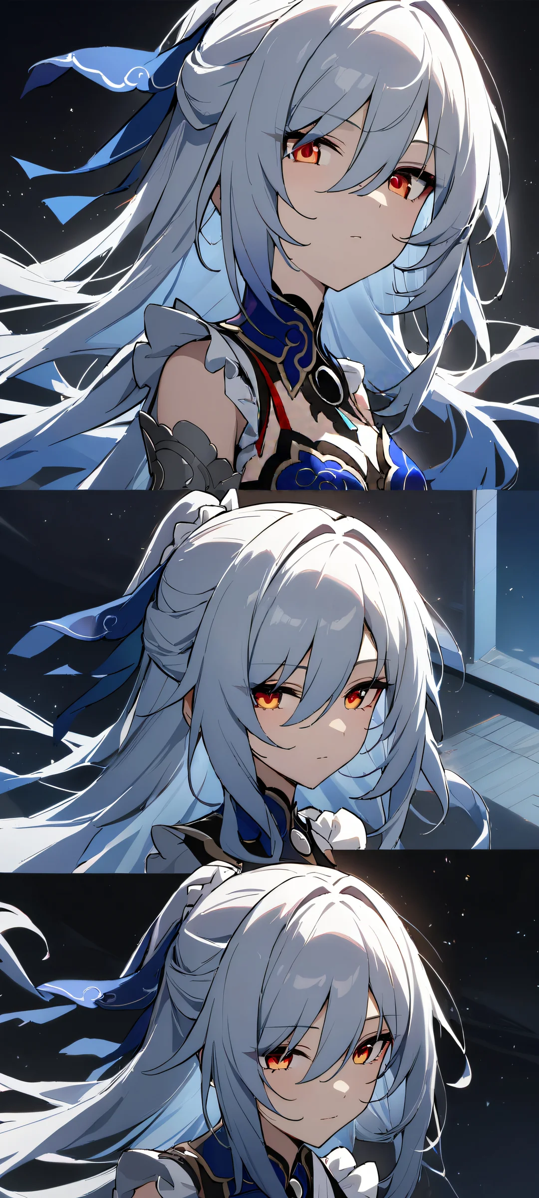 iPhone/Android user admires a serene portrait of Bocchi the Rock! Maid on stairs, set against a beautiful bright and airy sky with ethereal lighting.