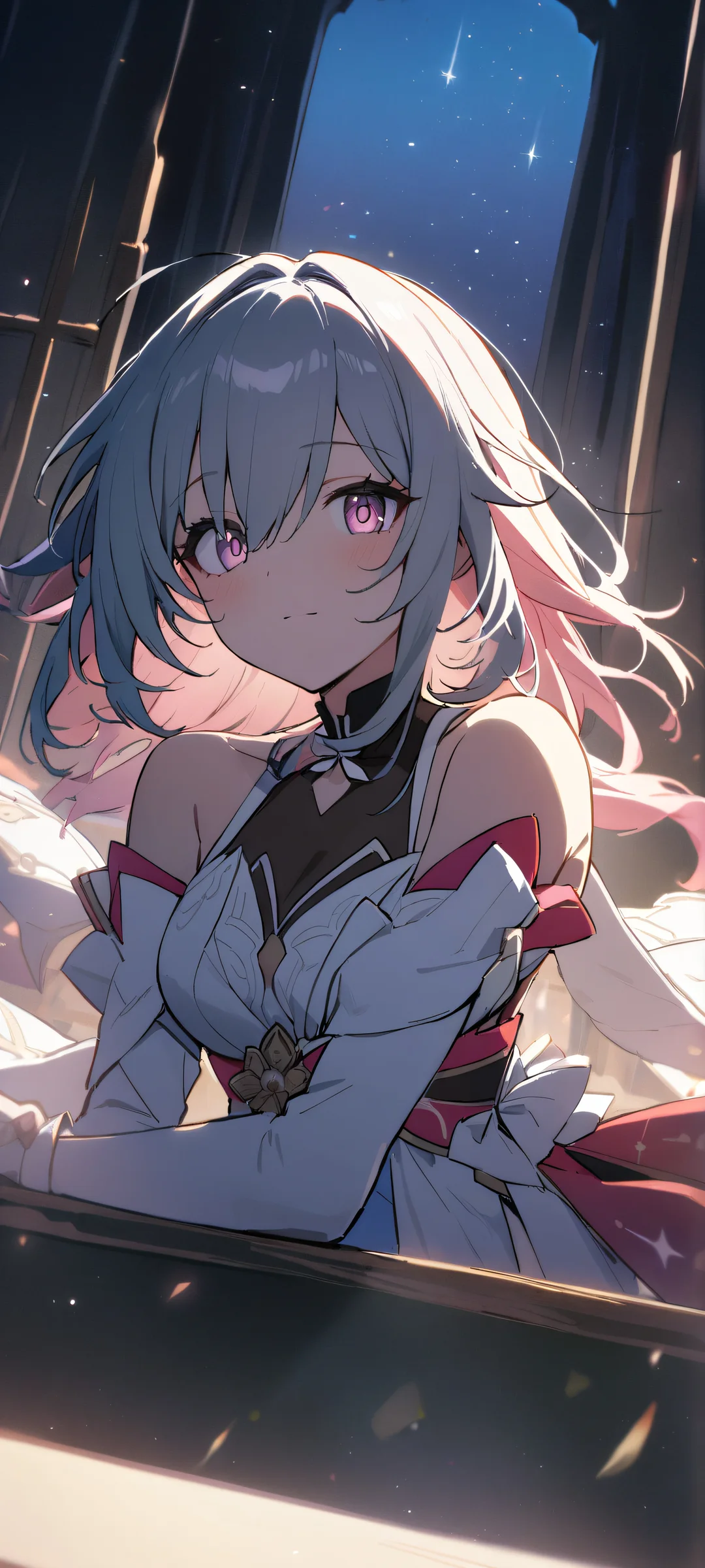 A serene solo moment from Honkai: Star Rail featuring a sparkly girl looking directly at the viewer, optimized for iPhone and Android home screens.