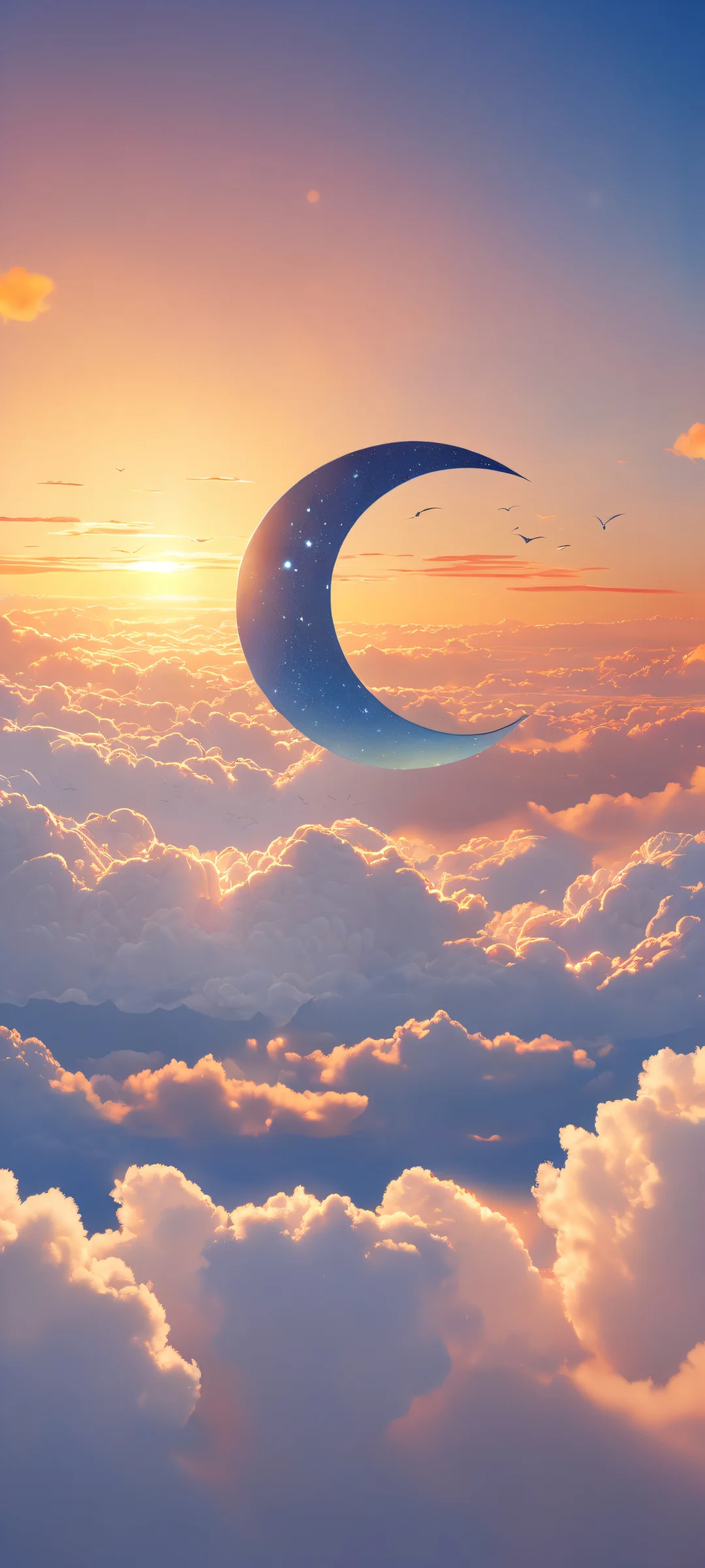 Ethereal Moonlit Whispers QHD Smartphone Background A stunning vertical portrait of a crescent moon surrounded by whimsical illustrations of cats and shooting stars, perfect for iPhone/Android home screens.