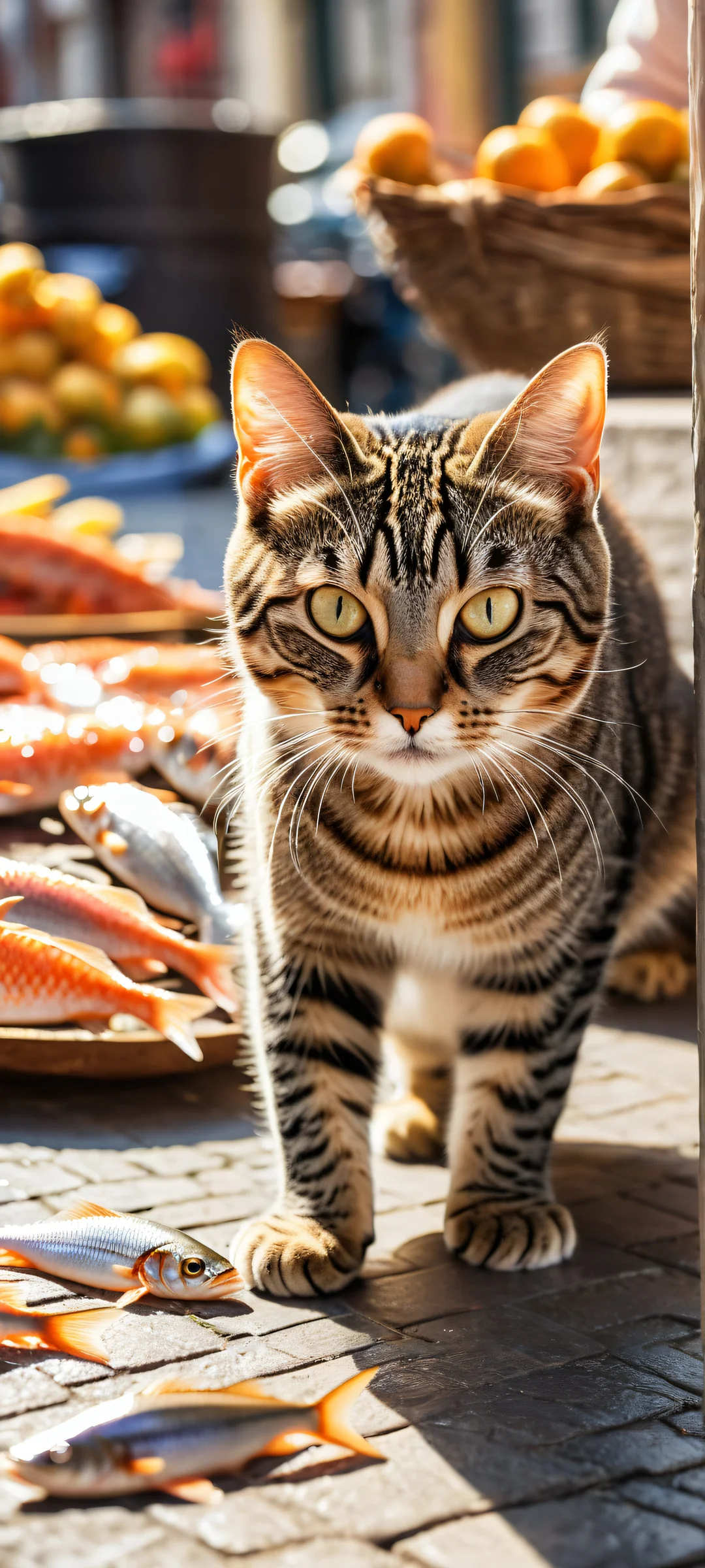 A curious young tabby cat hugging a shiny silver fish amidst a bustling Dutch street market scene on iPhone/Android.