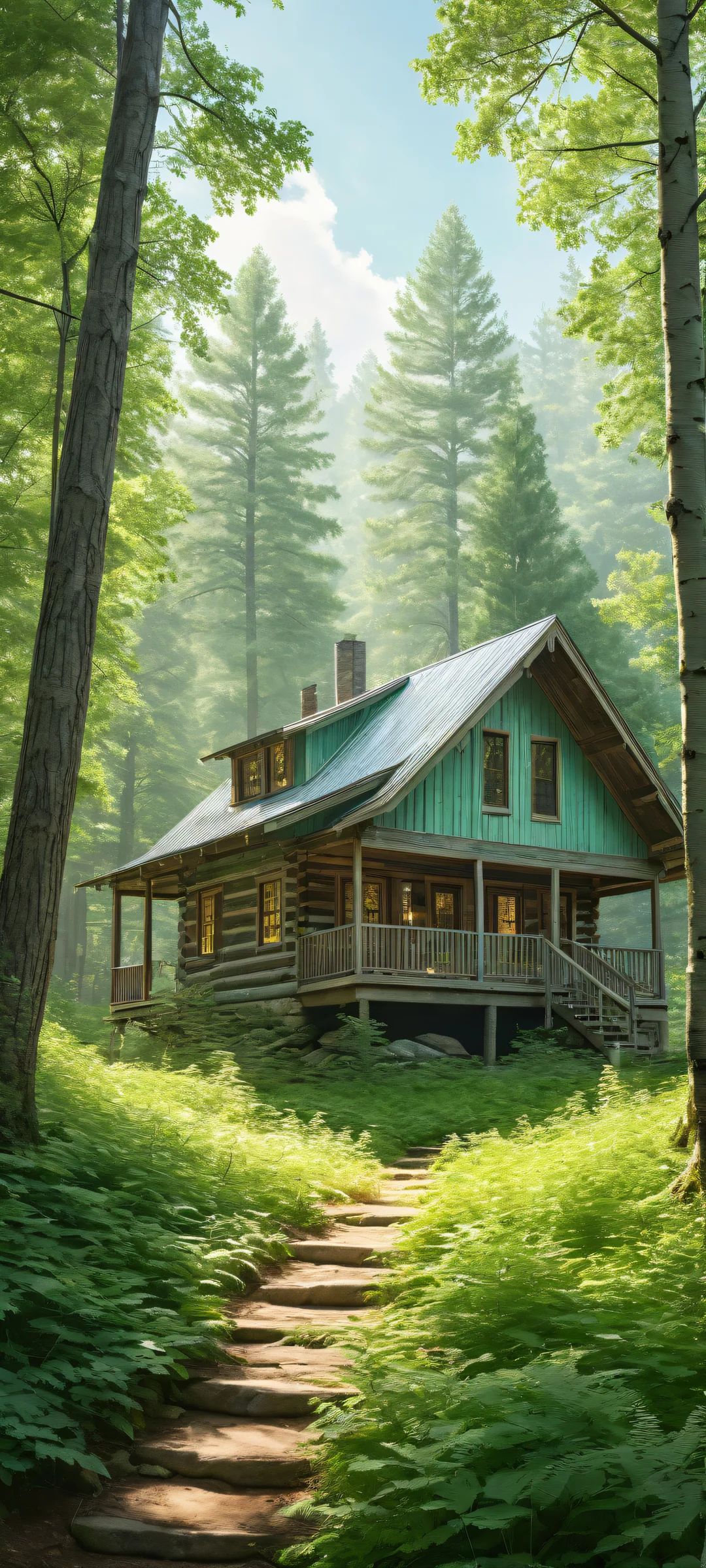 A serene forest landscape with trees and a rustic cabin, perfectly optimized for iPhone/Android home screens.