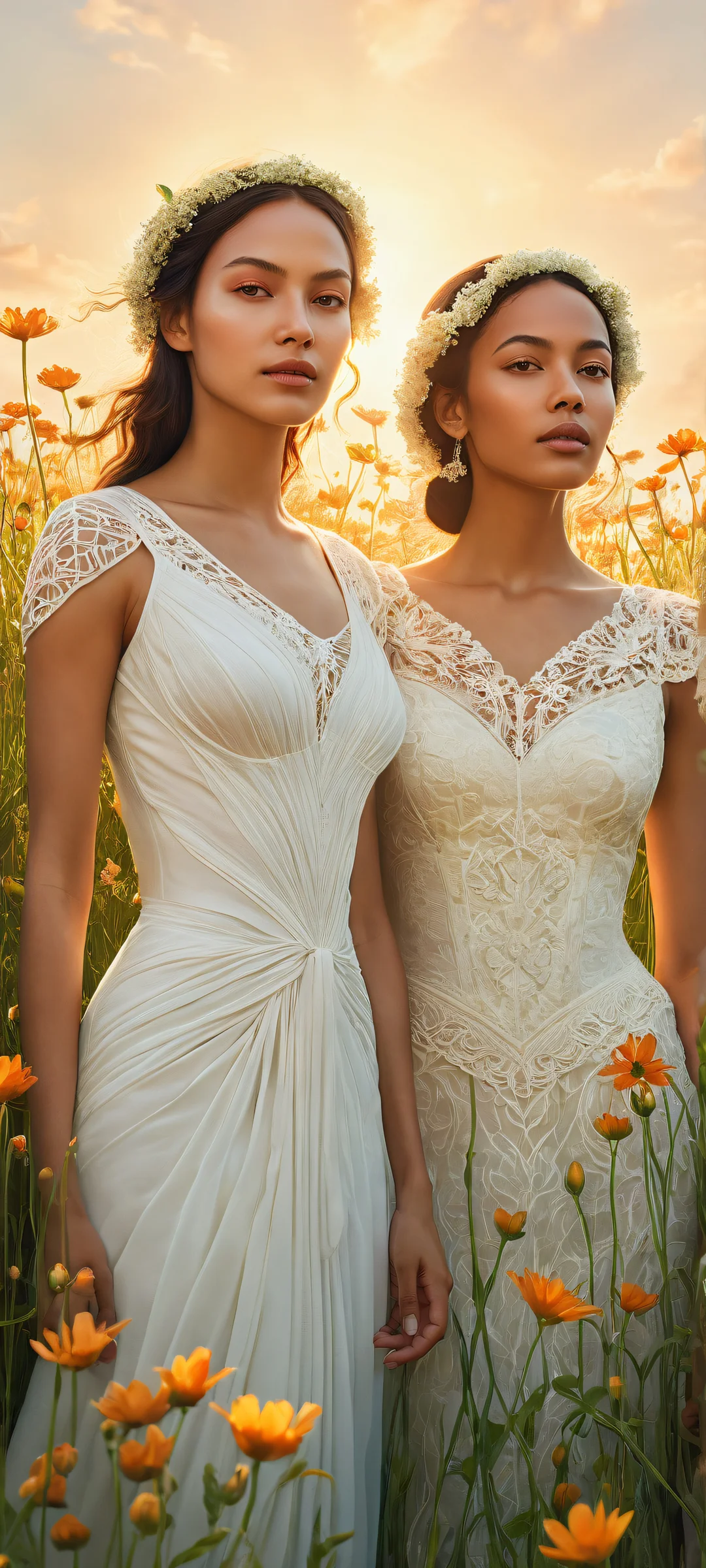 Beautiful portrait of two women amidst flowers and bandages on a pure void, perfectly optimized for iPhone/Android home screens.