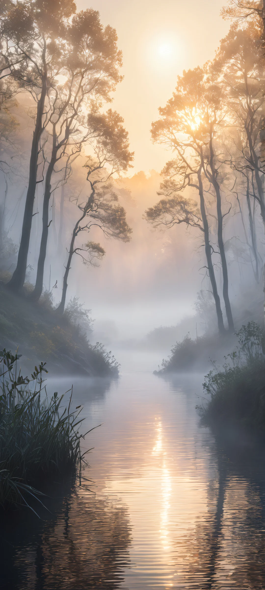 Ethereal Morning 2K QHD Home Screen Breathtaking portrait artwork featuring Unreal shapes emerging from the fog on a misty morning landscape. Perfectly optimized for iPhone and Android home screens.