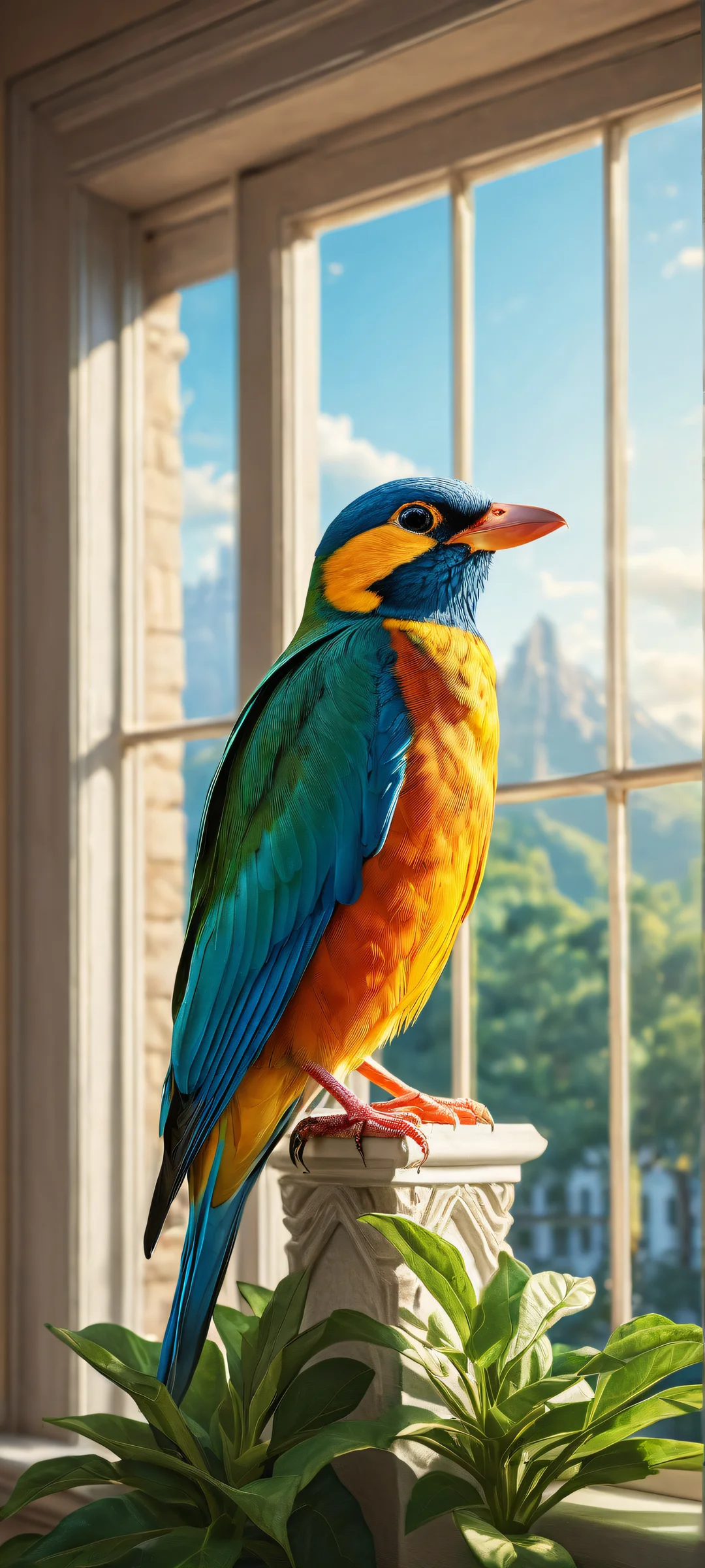 A majestic bird perched on a windowsill, iPhone/Android compatible with serene morning glow and stunning visual impact.