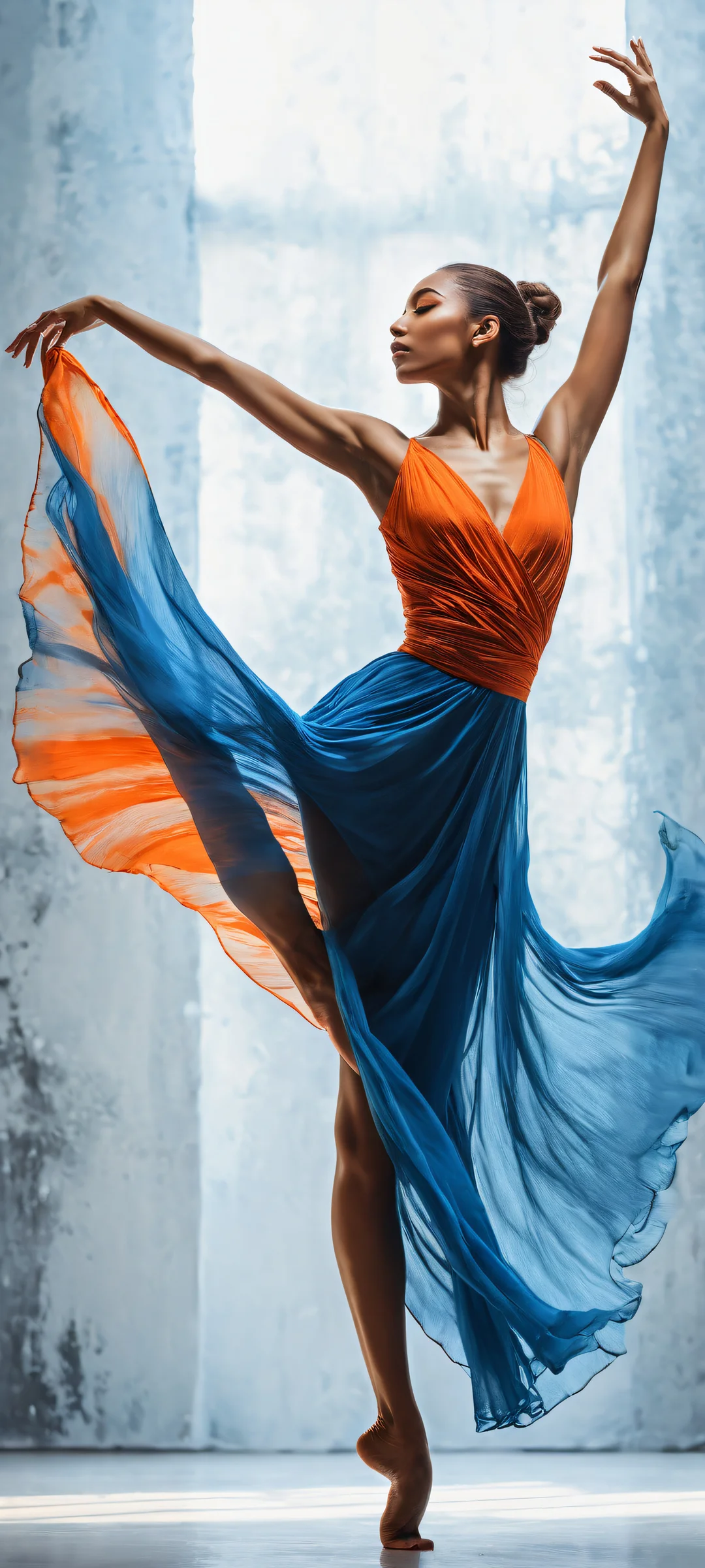 A stunning digital artwork featuring a graceful dancer on an iPhone/Android home screen with abstract background and vibrant colors.