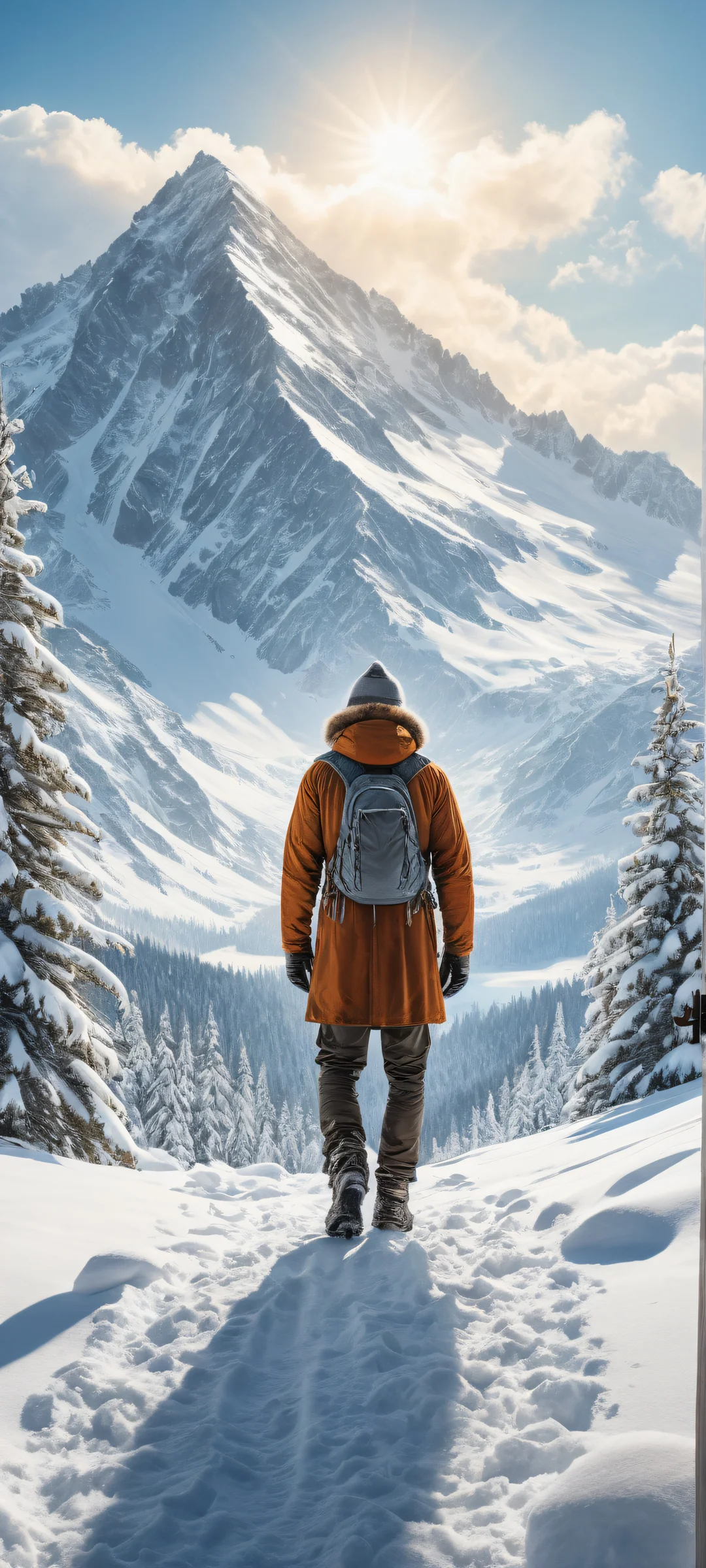 Majestic mountain man with intricate snow-covered clothing and door in the background on a serene winter landscape. Perfect for iPhone/Android home screens.