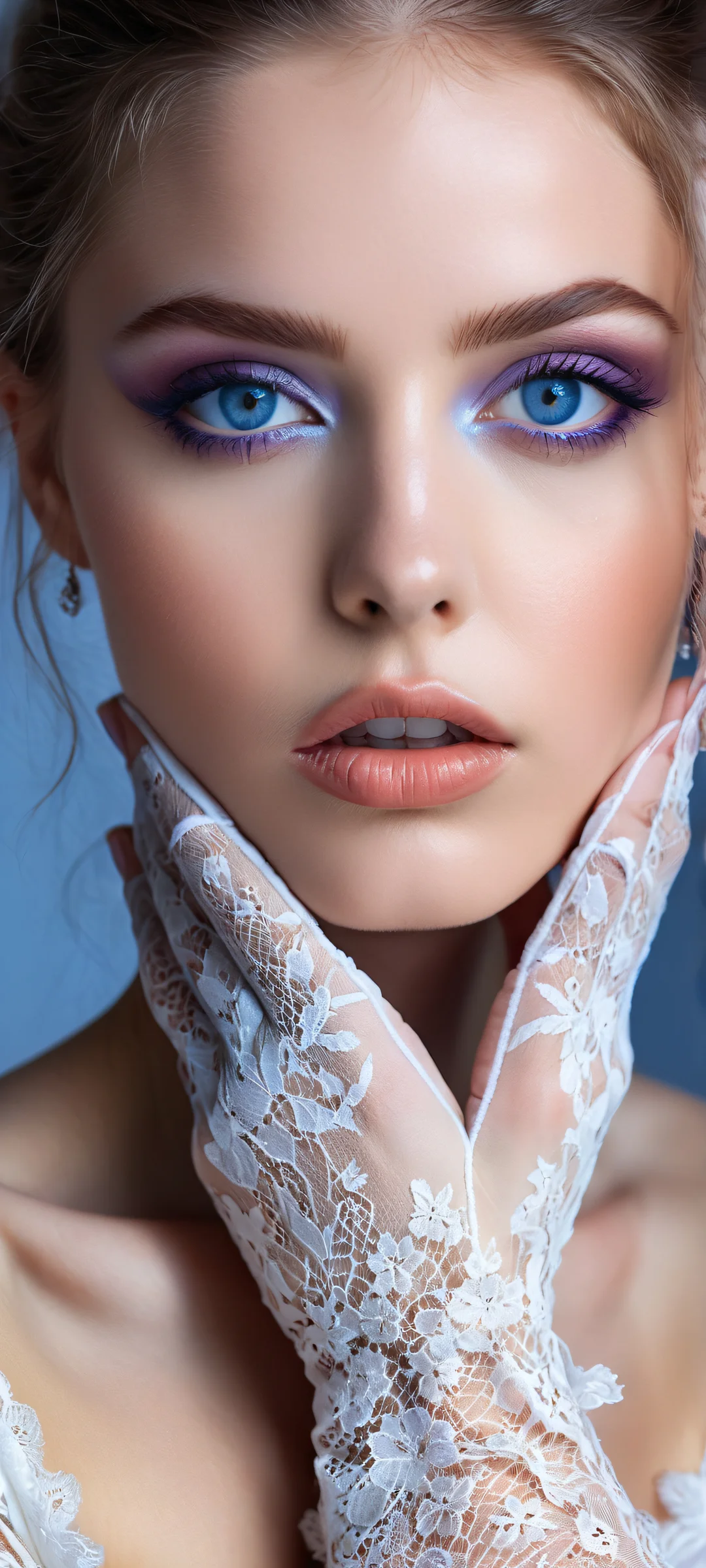 A beautiful young woman in lace gloves and a subtle blush gazing directly at the viewer on an iPhone or Android home screen.