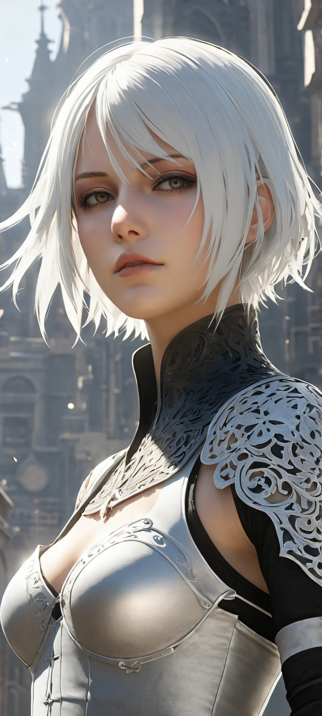 Vertical portrait artwork of 9S (Nier: Automata) on iPhone/Android devices, showcasing intricate micro-details and award-winning digital art.